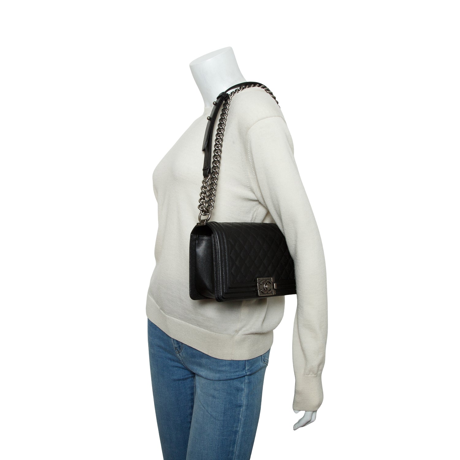 Chanel Black Caviar Quilted Medium Boy Flap Bag w/ Authenticity Card