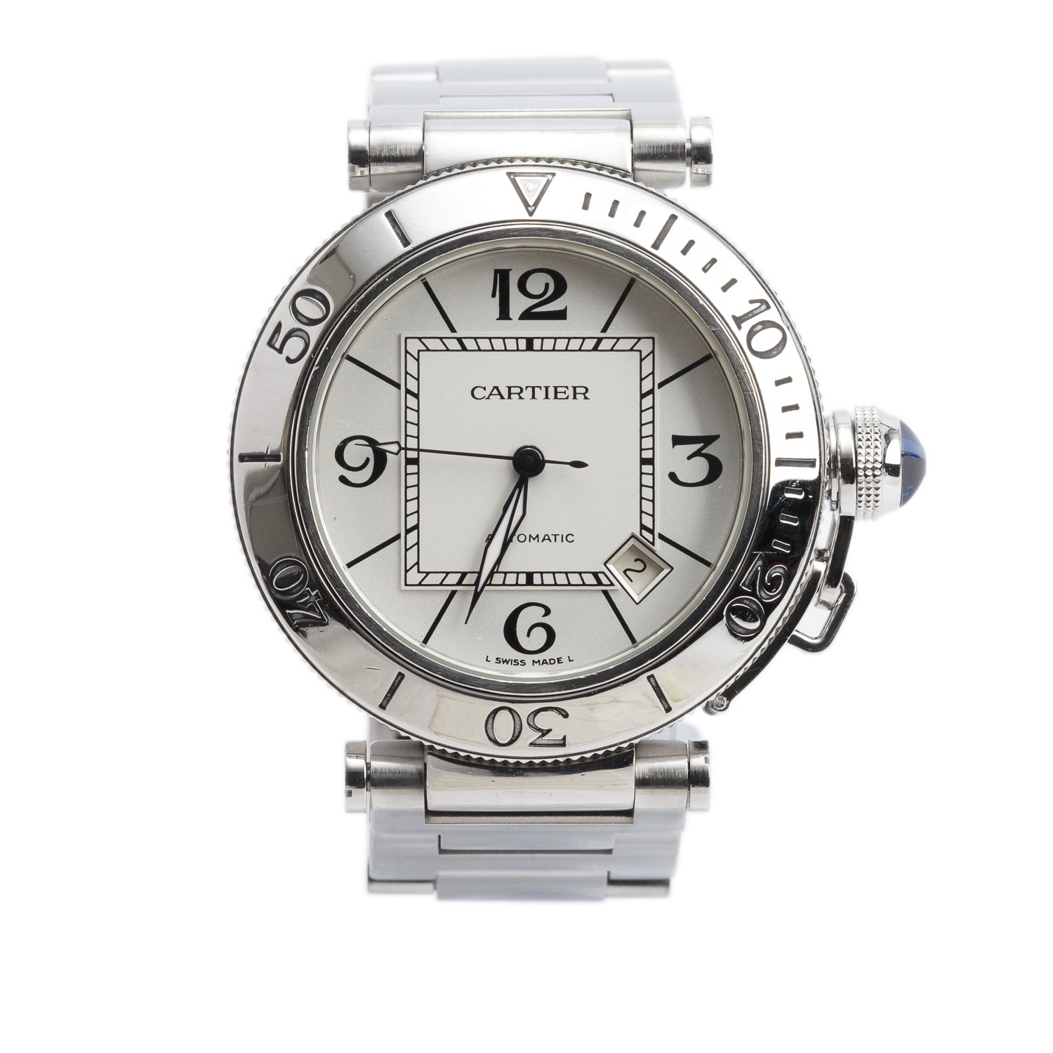 Cartier Stainless Steel Pasha Seatimer 40 MM Automatic Watch Silver Dial 2790 w/ Box