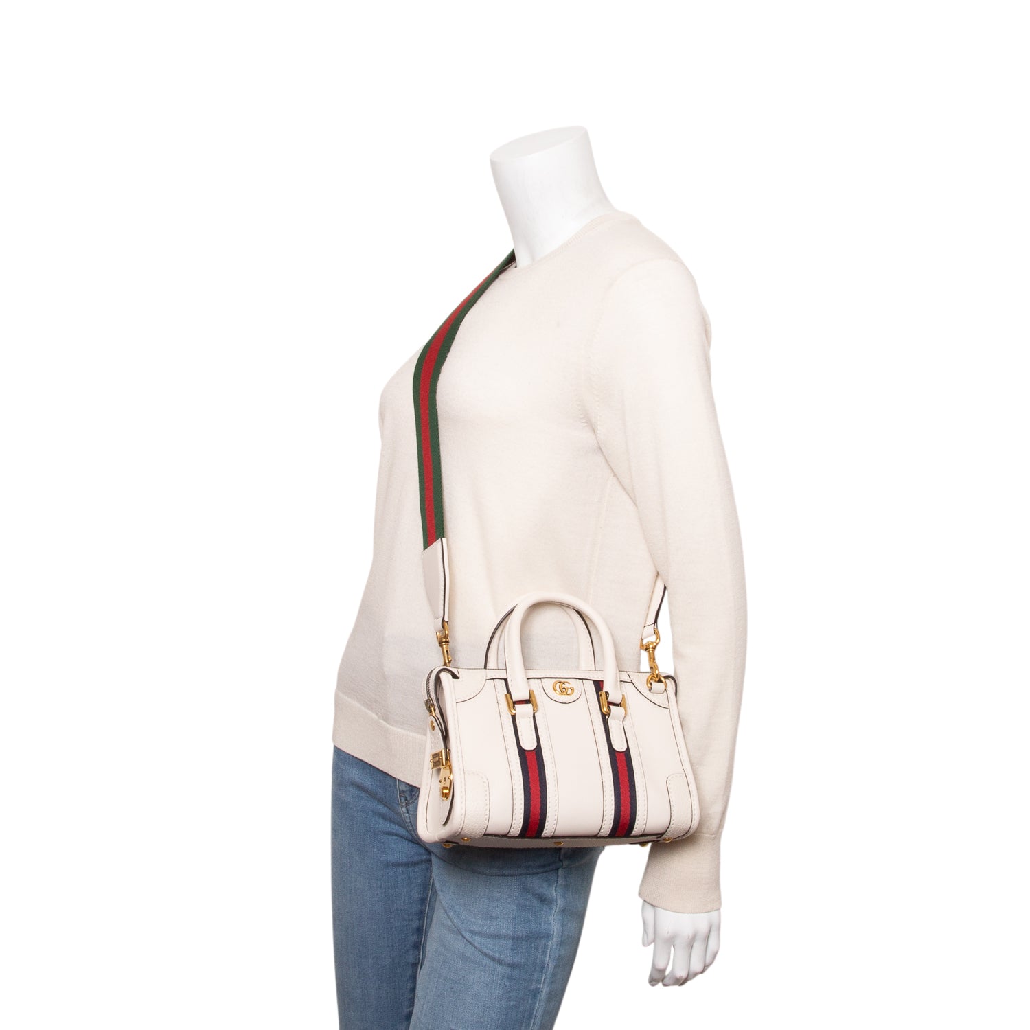 Gucci White Koy Calfskin Web Mini Bauletto Duffle Top Handle Bag w/ Strap