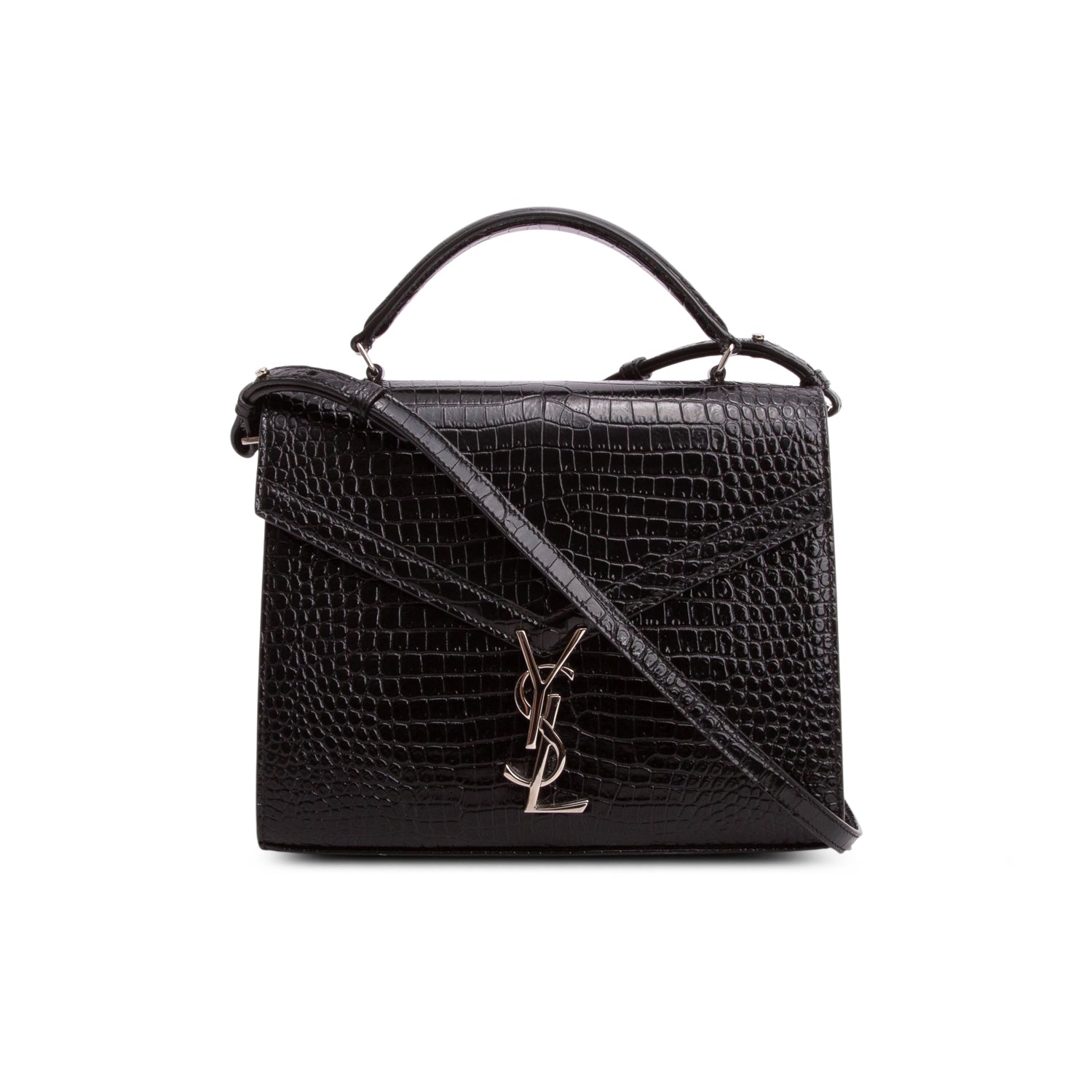 Saint Laurent Black Calfskin Crocodile Embossed Medium Classic Monogram Cassandra Top Handle w/ Strap