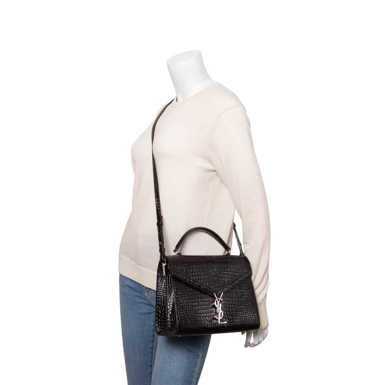 Saint Laurent Black Calfskin Crocodile Embossed Medium Classic Monogram Cassandra Top Handle w/ Strap