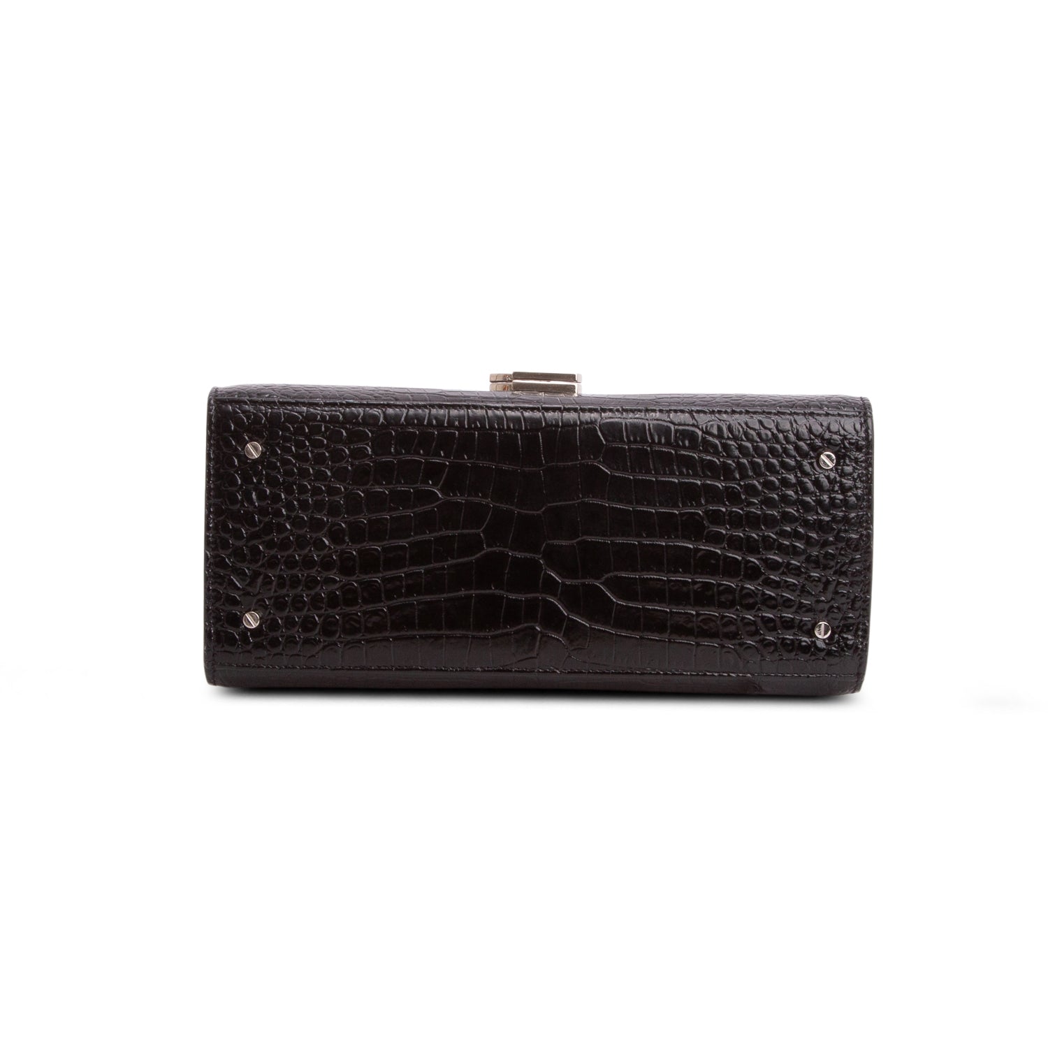 Saint Laurent Black Calfskin Crocodile Embossed Medium Classic Monogram Cassandra Top Handle w/ Strap