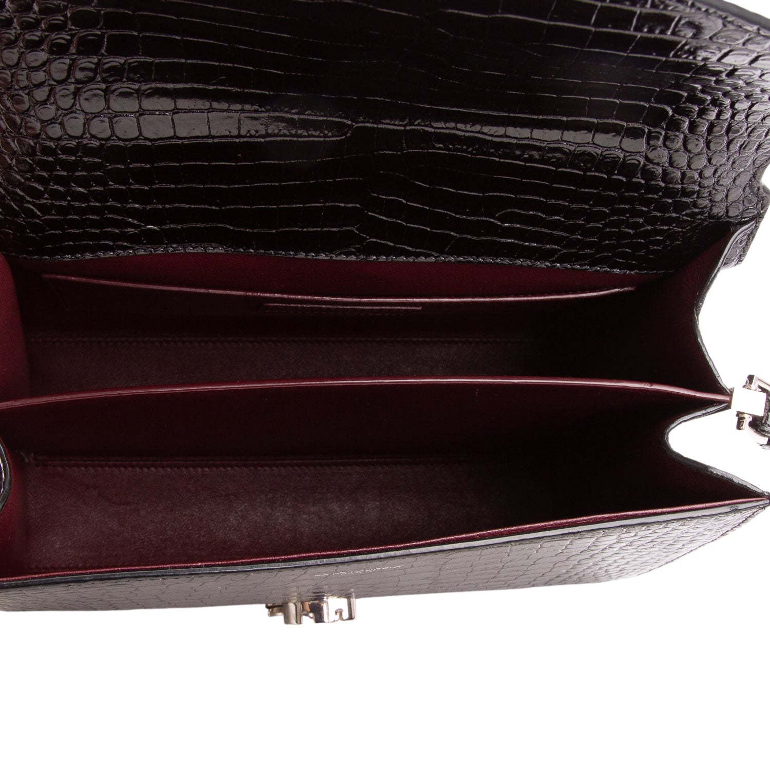 Saint Laurent Black Calfskin Crocodile Embossed Medium Classic Monogram Cassandra Top Handle w/ Strap