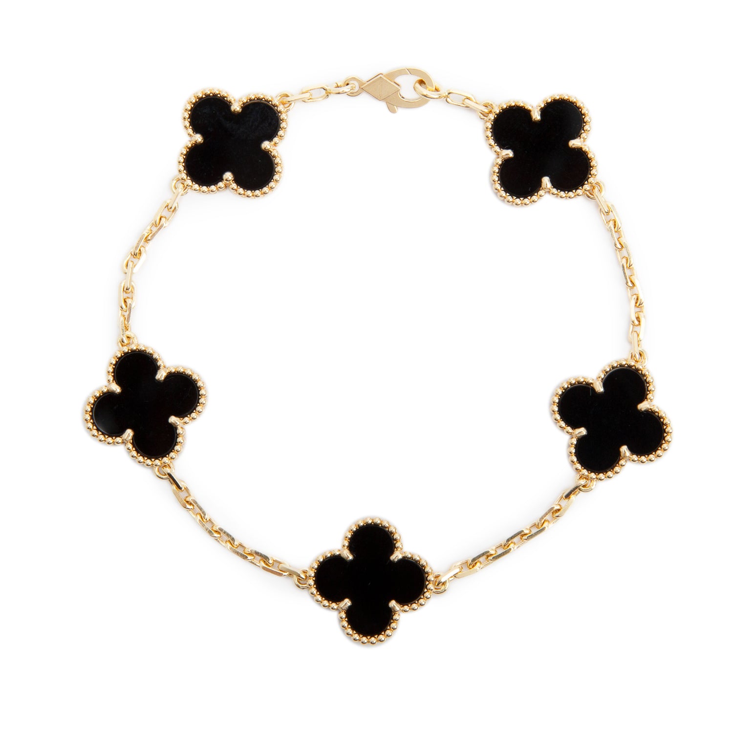 Van Cleef & Arpels 2025 18k Yellow Gold Vintage Alhambra 5 Motif Onyx Bracelet w/ Box & Certificate