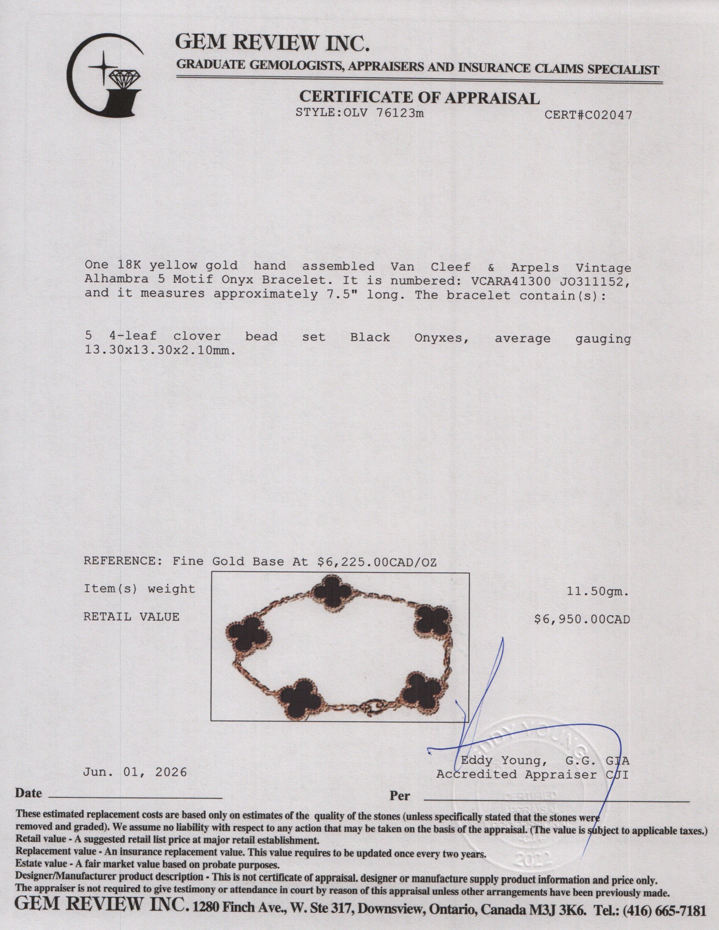 Van Cleef & Arpels 2025 18k Yellow Gold Vintage Alhambra 5 Motif Onyx Bracelet w/ Box & Certificate