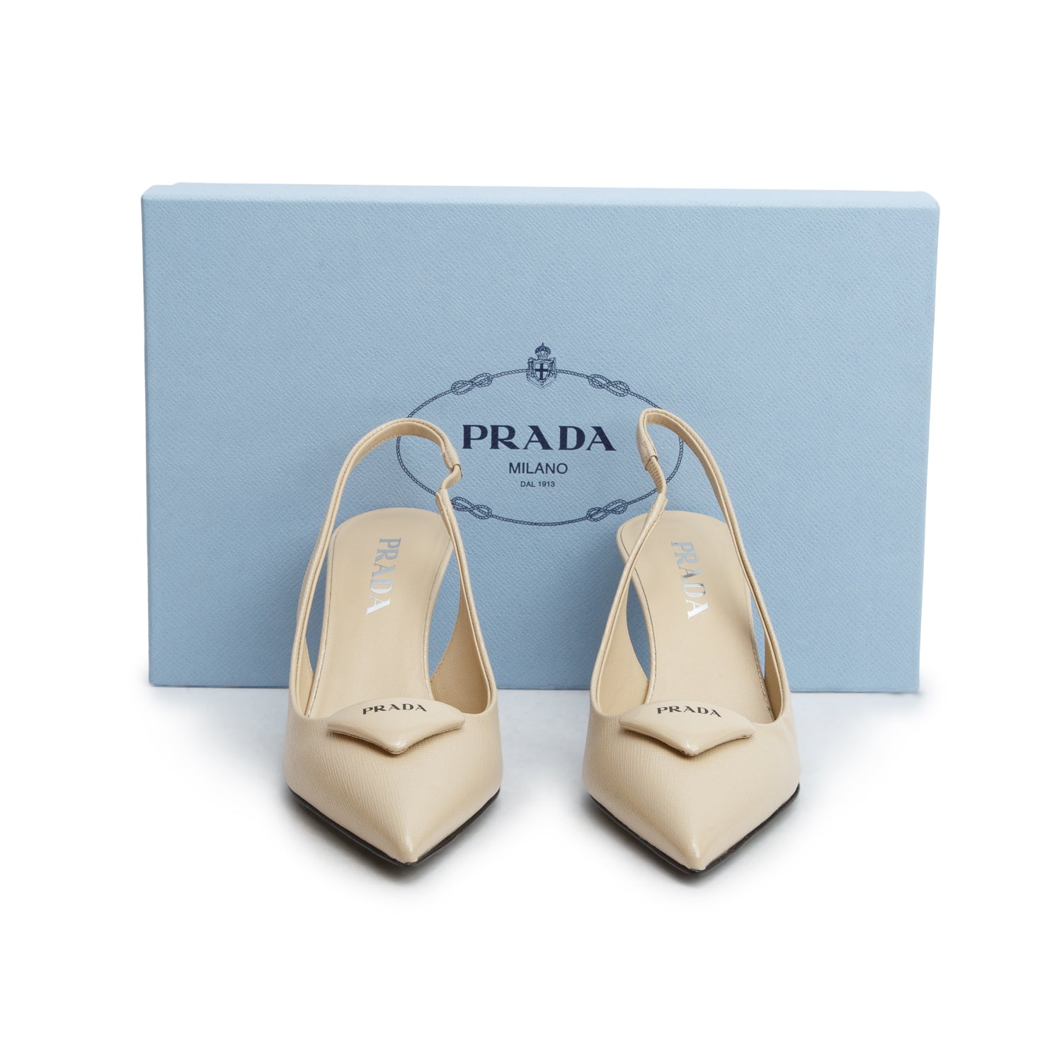 Prada Beige Saffiano Leather Triangle Logo Slingback Pumps, Women's Size 36.5 w/ Box