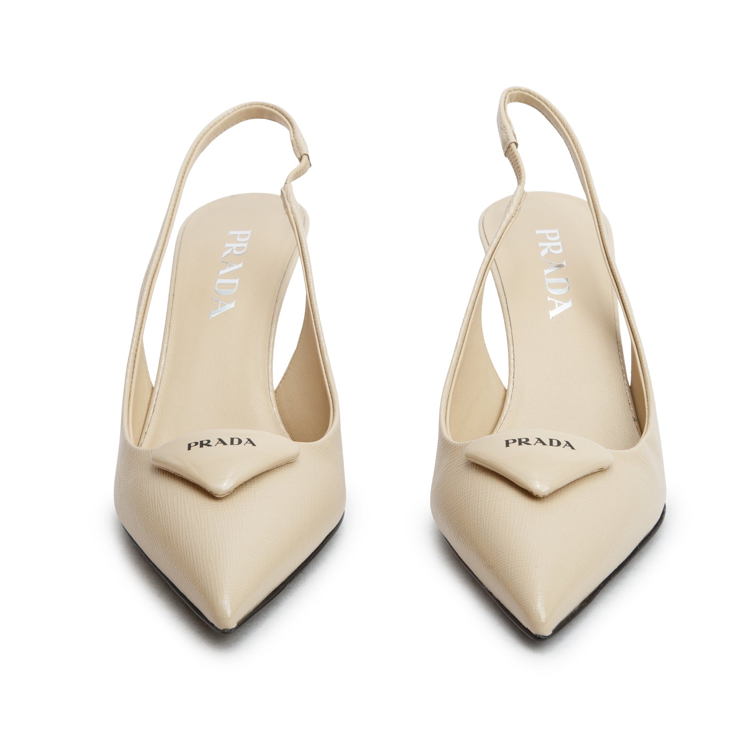 Prada Beige Saffiano Leather Triangle Logo Slingback Pumps, Women's Size 36.5 w/ Box
