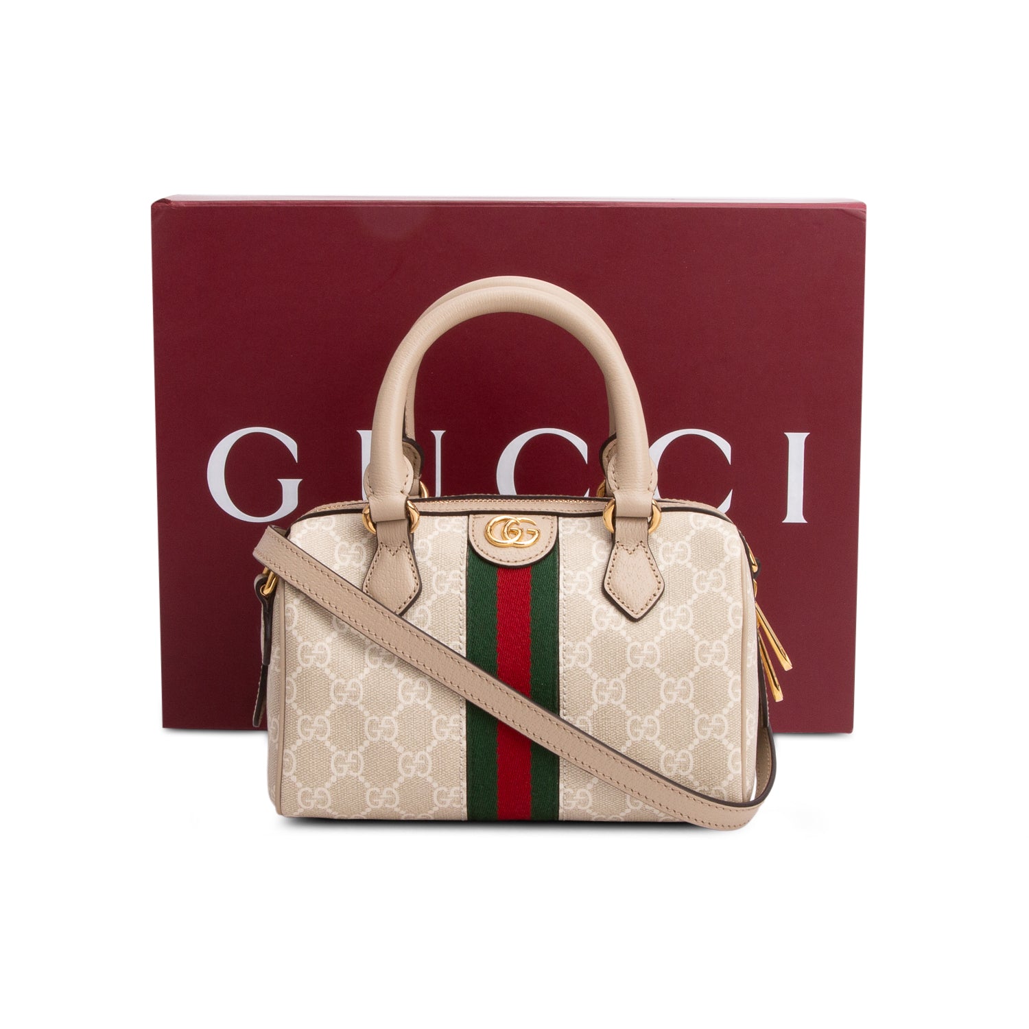 Gucci GG Supreme Monogram Textured Dollar Calfskin Web Small Ophidia Top Handle Bag w/ Box & Strap