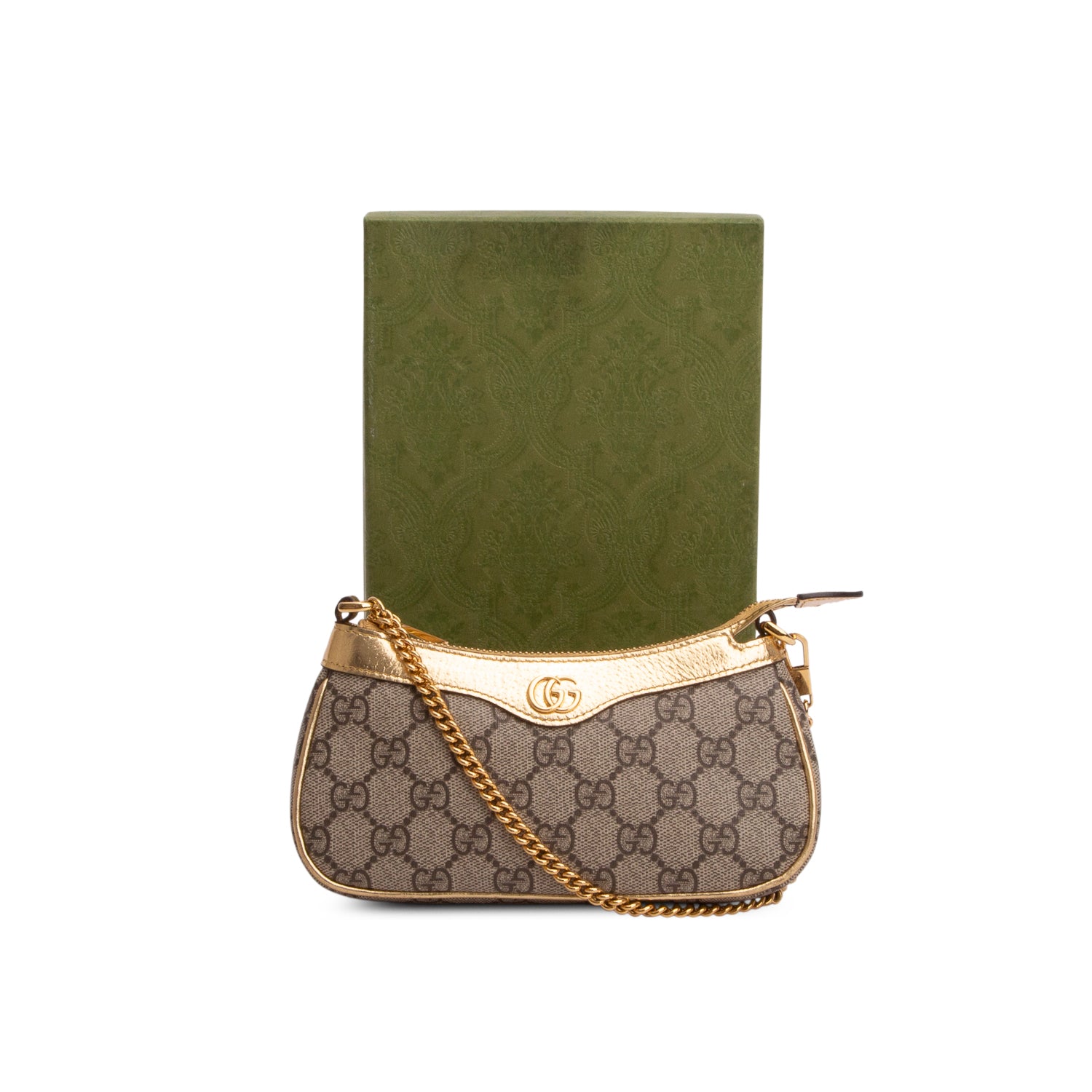 Gucci Beige & Gold GG Supreme Monogram Textured Dollar Calfskin Mini Ophidia Chain Bag w/ Box