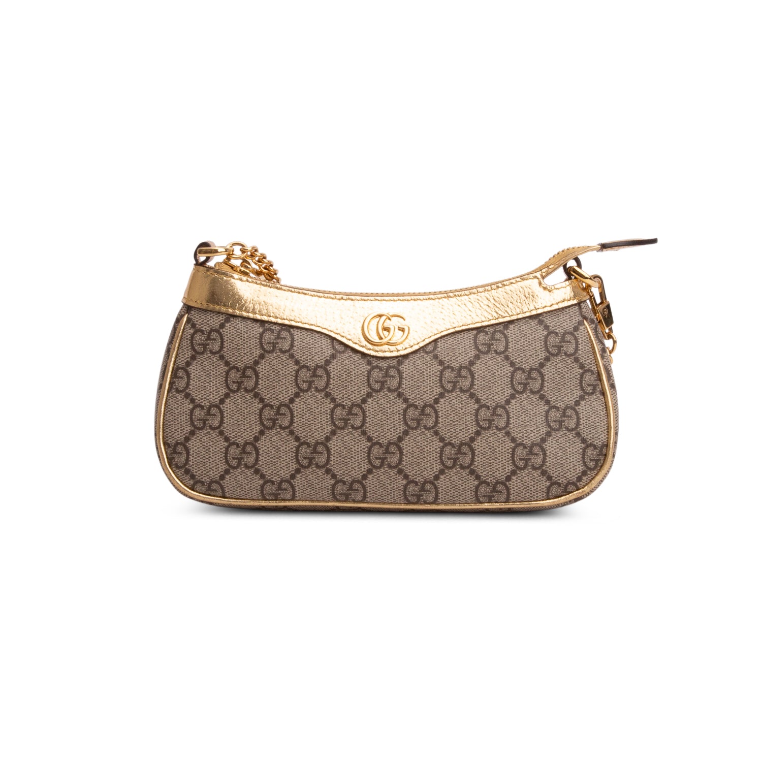 Gucci Beige & Gold GG Supreme Monogram Textured Dollar Calfskin Mini Ophidia Chain Bag w/ Box