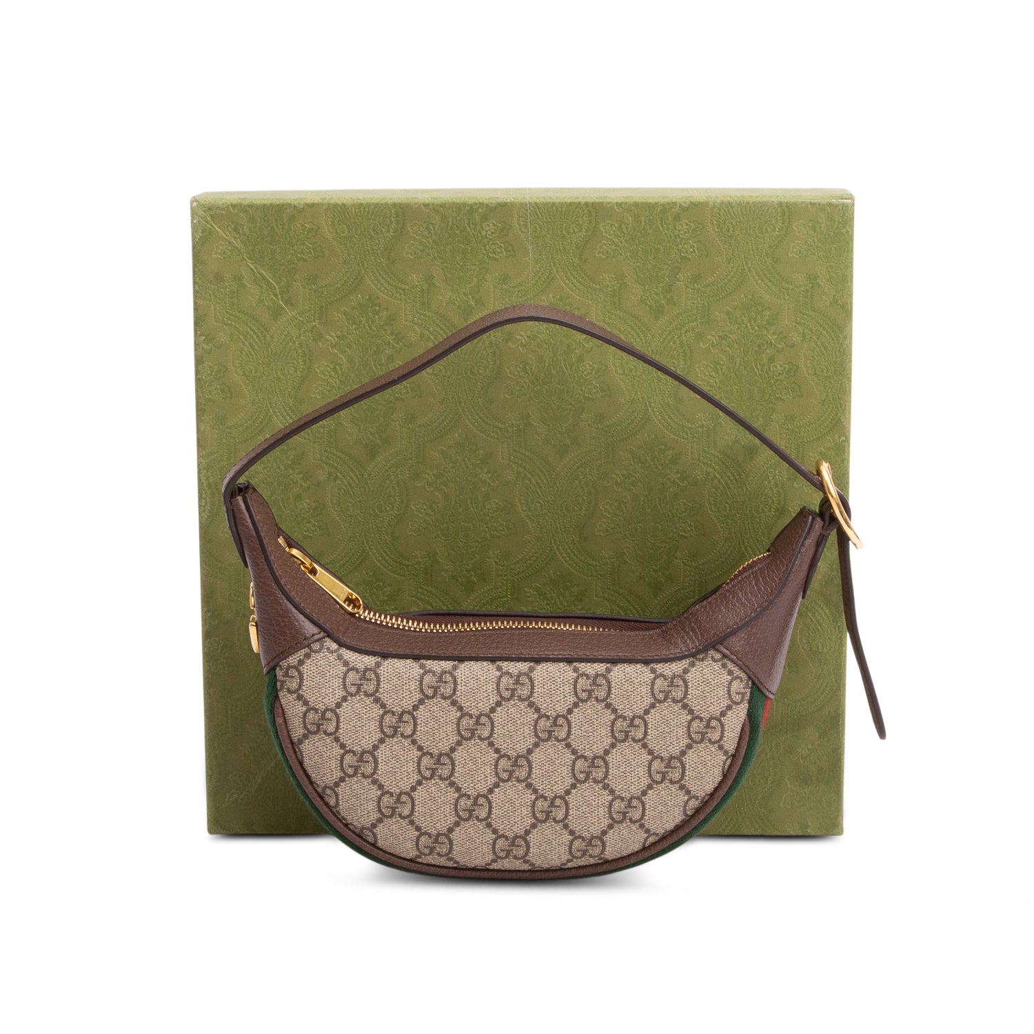 Gucci GG Supreme Monogram Textured Calfskin Web Mini Ophidia Half Moon Hobo w/ Box