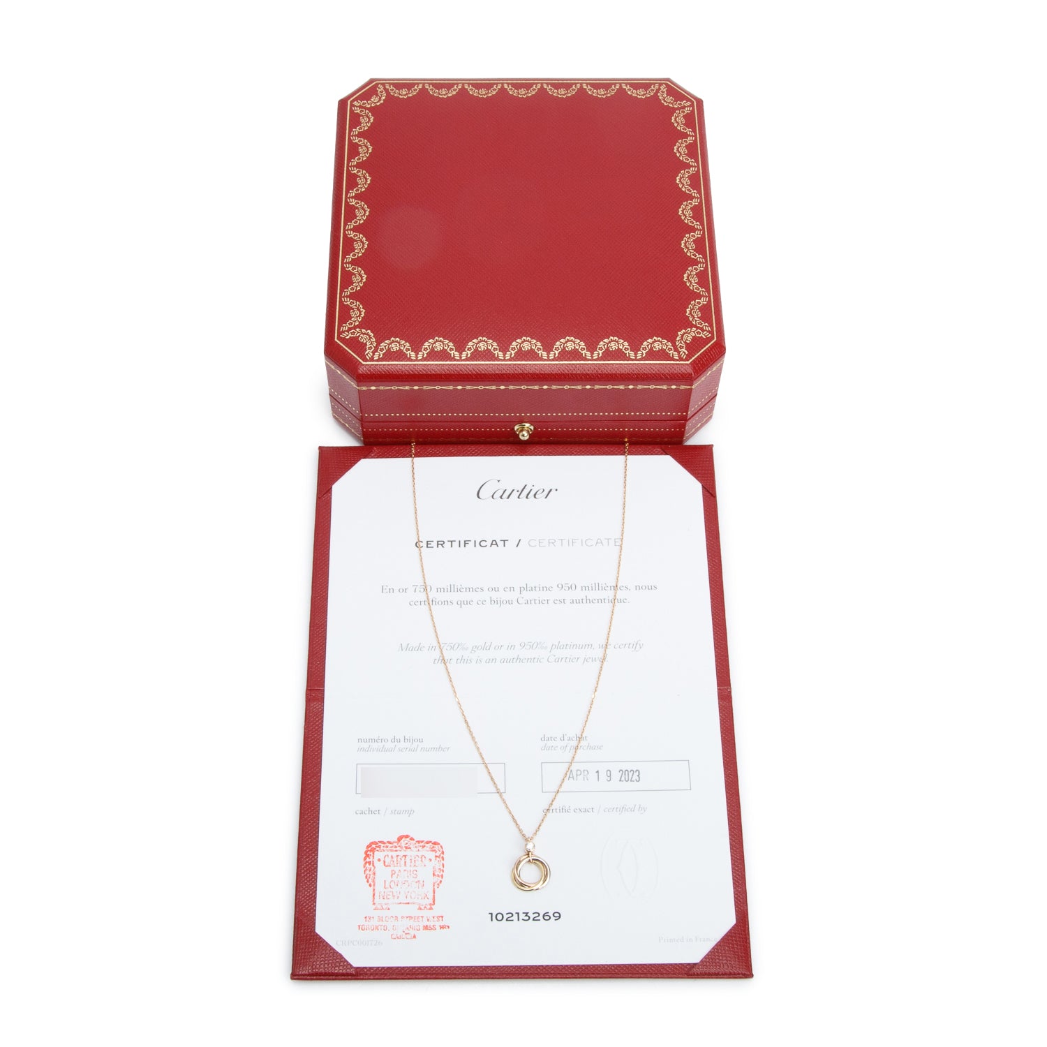 Cartier 18k Yellow, White & Rose Gold 1 Diamond Mini Trinity Pendant Necklace w/ Box, Receipt & Certificate
