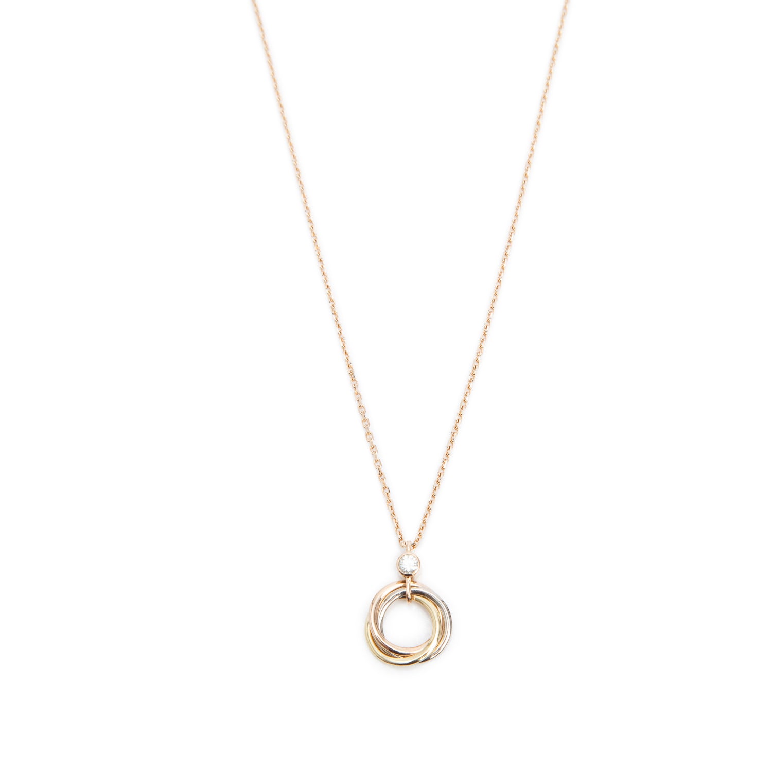 Cartier 18k Yellow, White & Rose Gold 1 Diamond Mini Trinity Pendant Necklace w/ Box, Receipt & Certificate