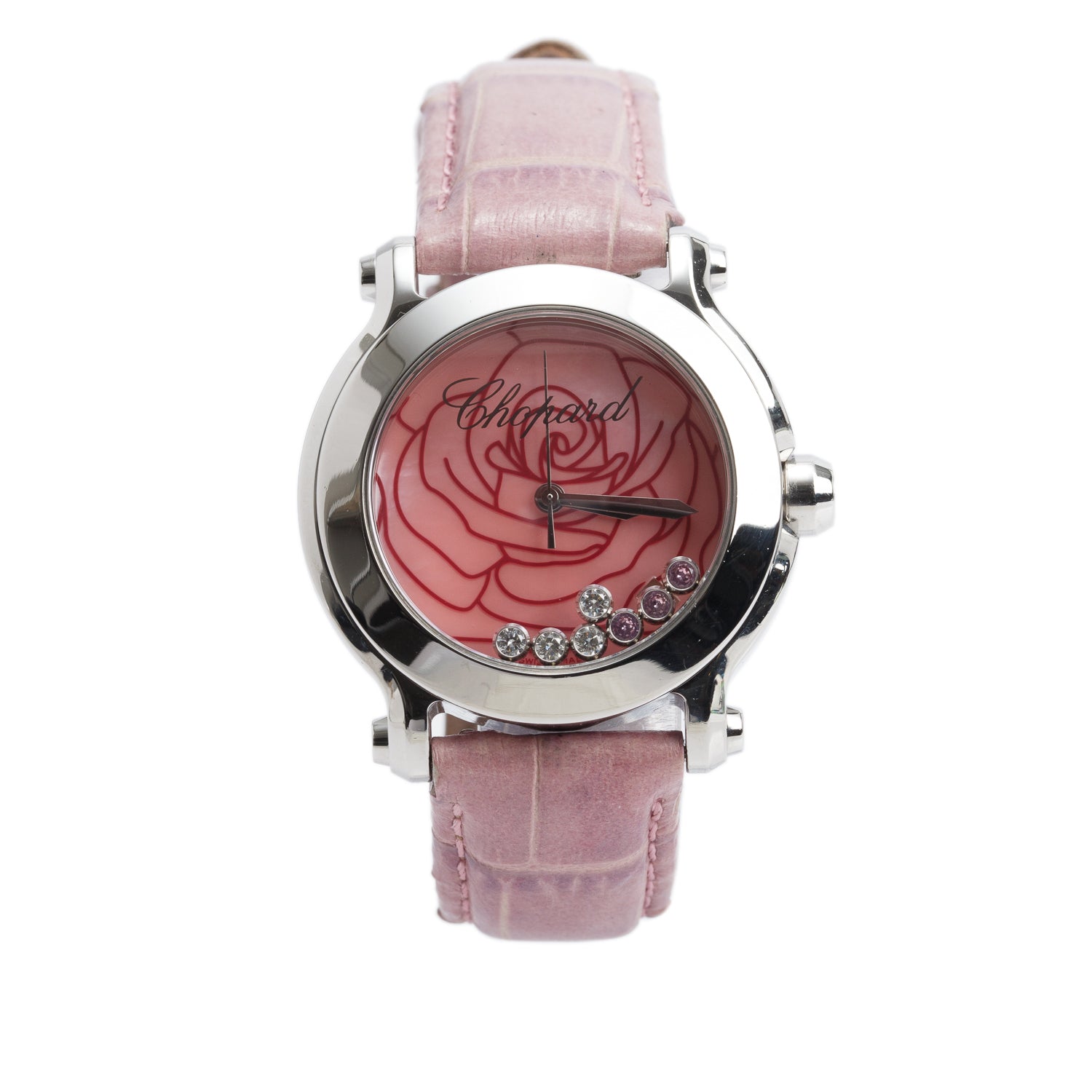 Chopard Stainless Steel Diamond & Pink Sapphire Happy Sport La Vie En Rose 36 MM Quartz Watch Pink Dial w/ Box, Papers & Extra Straps