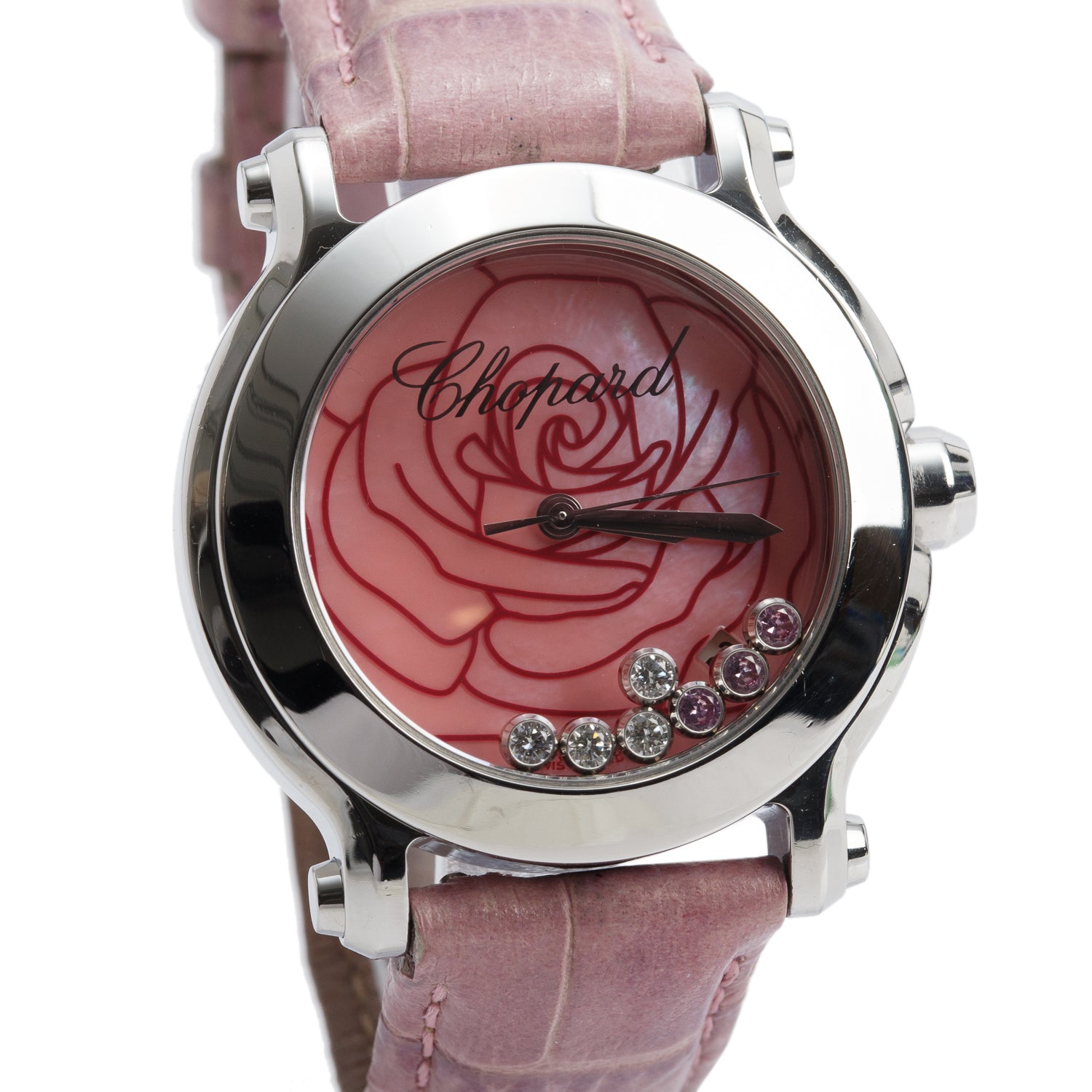 Chopard Stainless Steel Diamond & Pink Sapphire Happy Sport La Vie En Rose 36 MM Quartz Watch Pink Dial w/ Box, Papers & Extra Straps