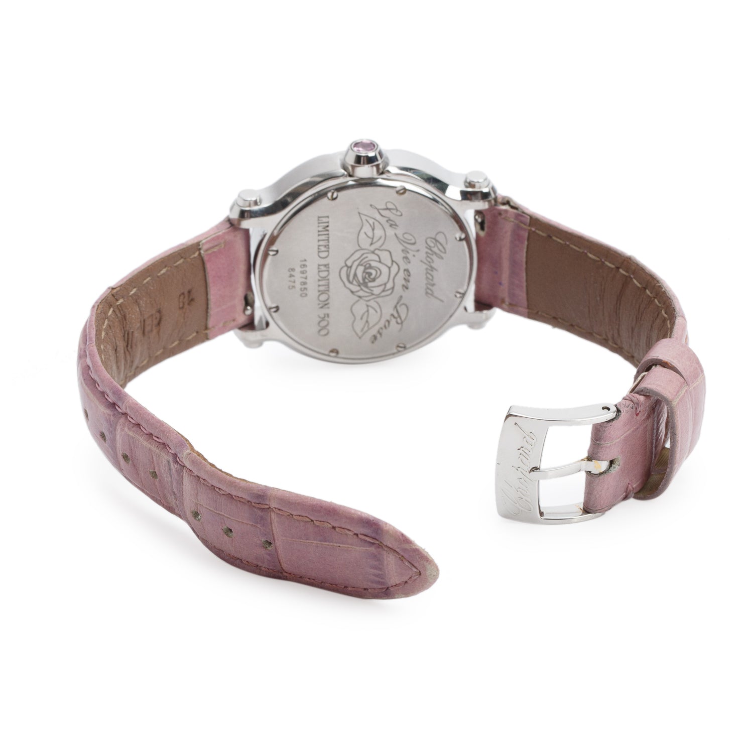Chopard Stainless Steel Diamond & Pink Sapphire Happy Sport La Vie En Rose 36 MM Quartz Watch Pink Dial w/ Box, Papers & Extra Straps