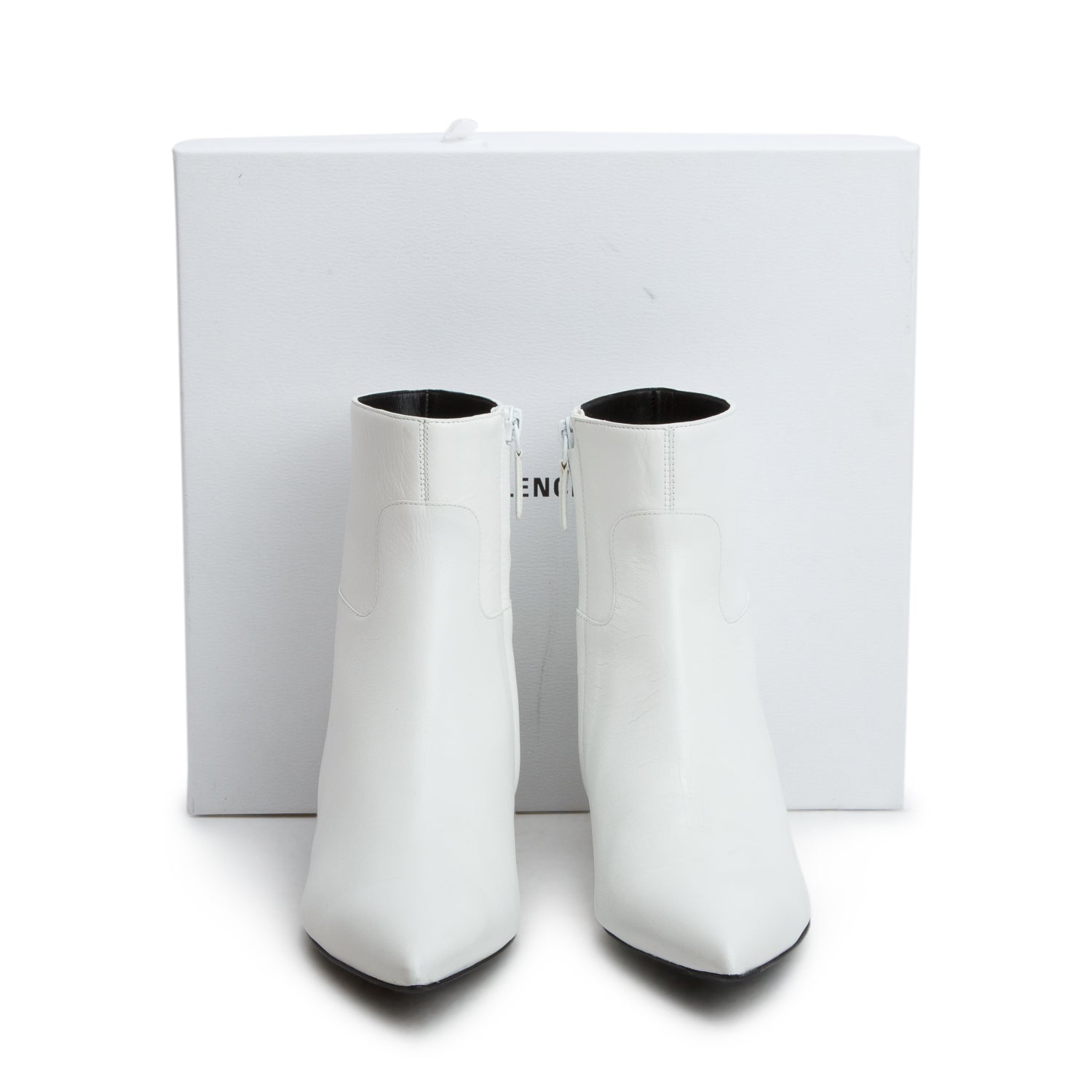 Balenciaga White Leather Pointy Toe Ankle Boots, Size 38 w/ Box