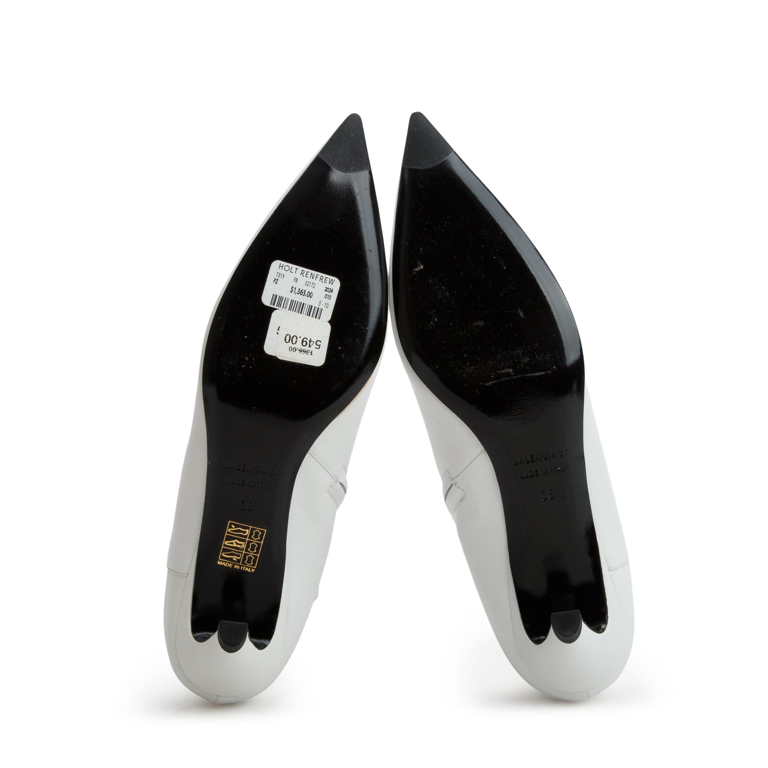 Balenciaga White Leather Pointy Toe Ankle Boots, Size 38 w/ Box