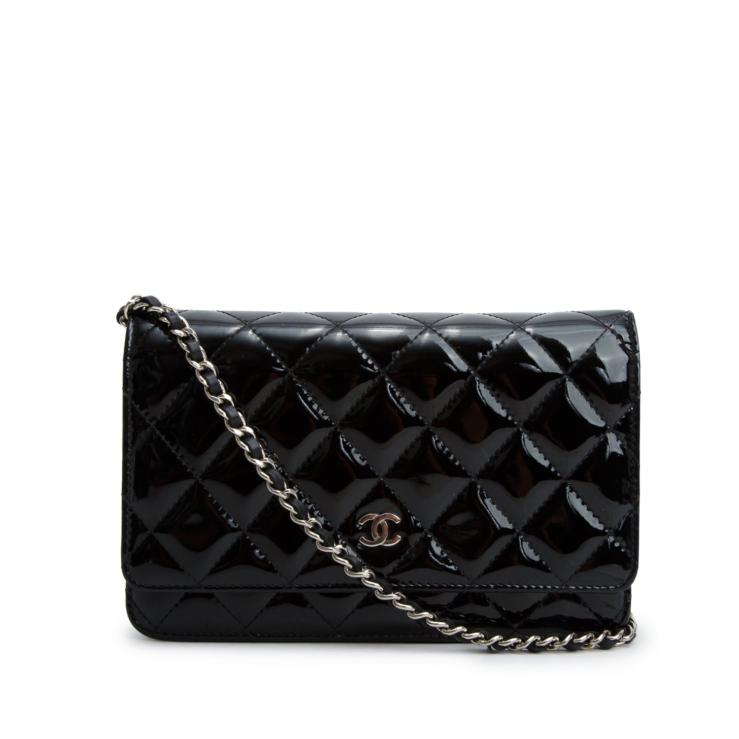 Chanel Black Quilted Patent Leather Classic Wallet on Chain w/ Authenticity Card