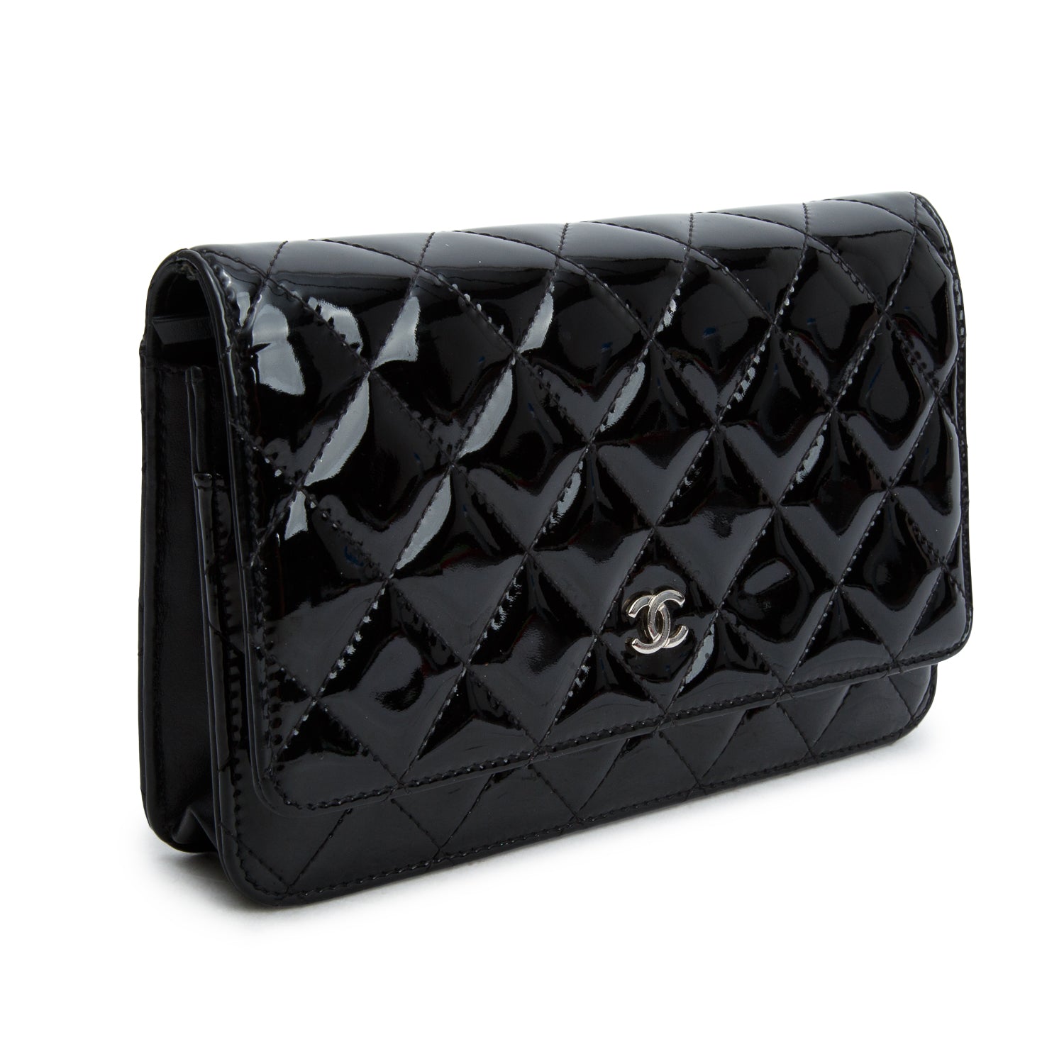Chanel Black Quilted Patent Leather Classic Wallet on Chain w/ Authenticity Card