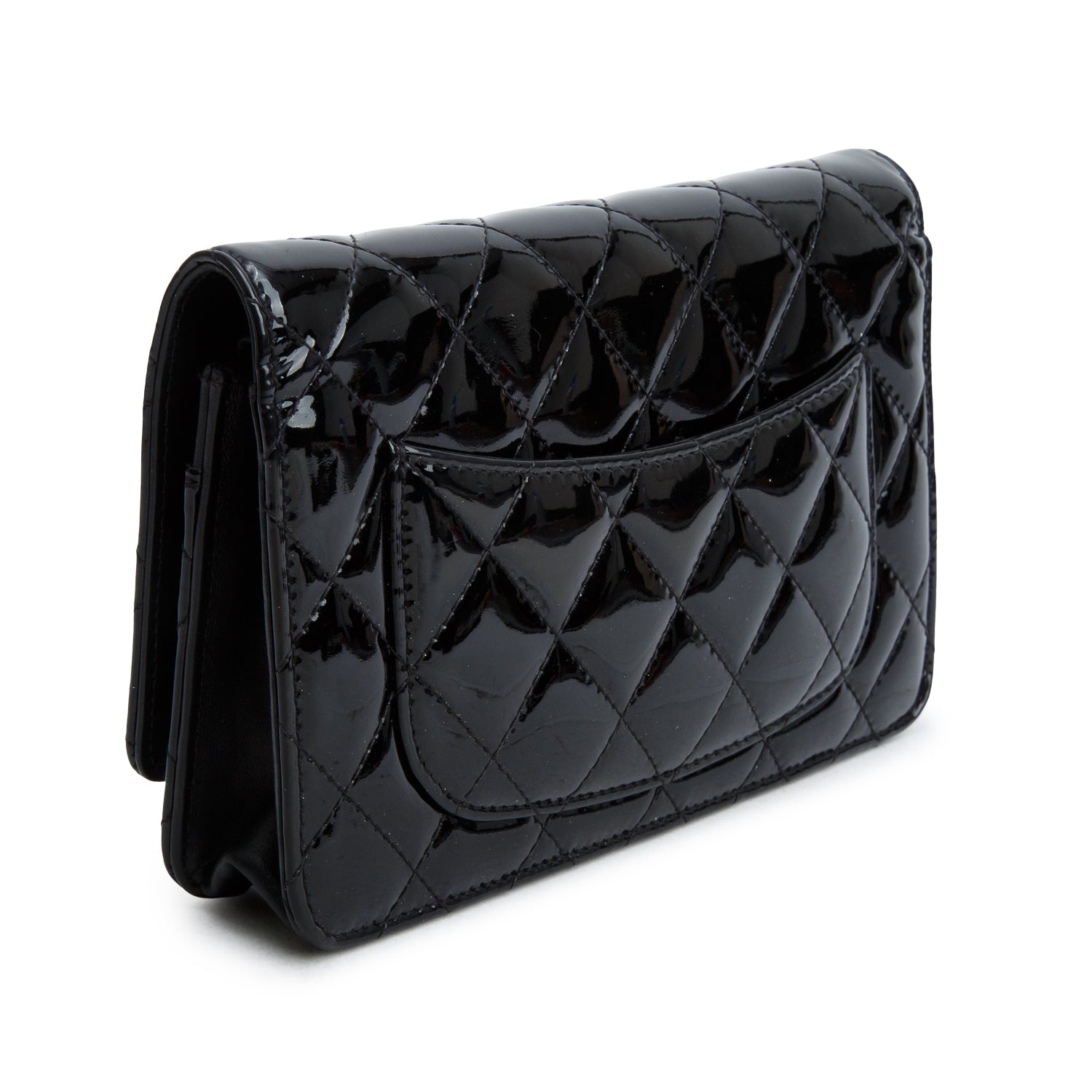 Chanel Black Quilted Patent Leather Classic Wallet on Chain w/ Authenticity Card