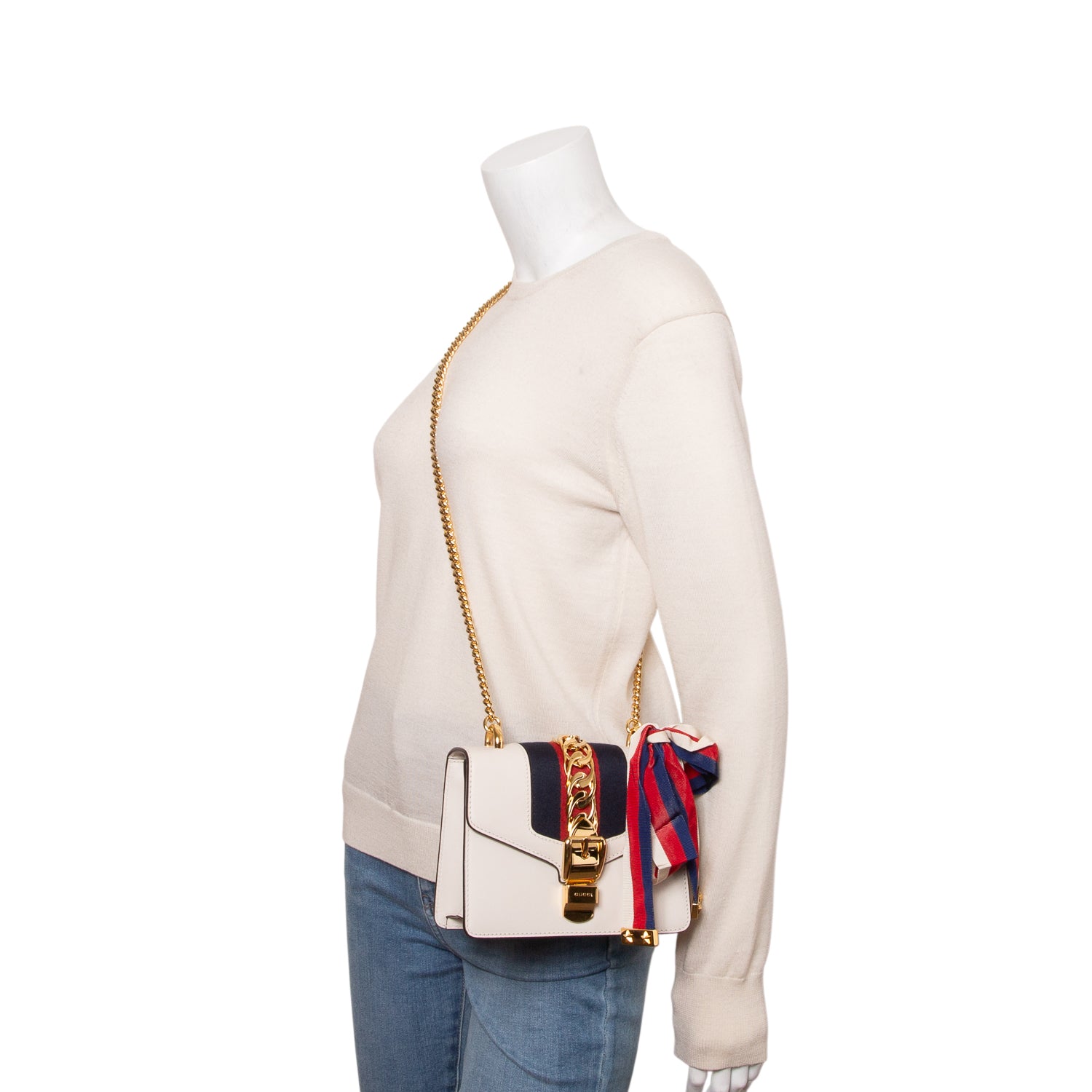 Gucci White Calfskin Leather Web Mini Sylvie Chain Shoulder Bag