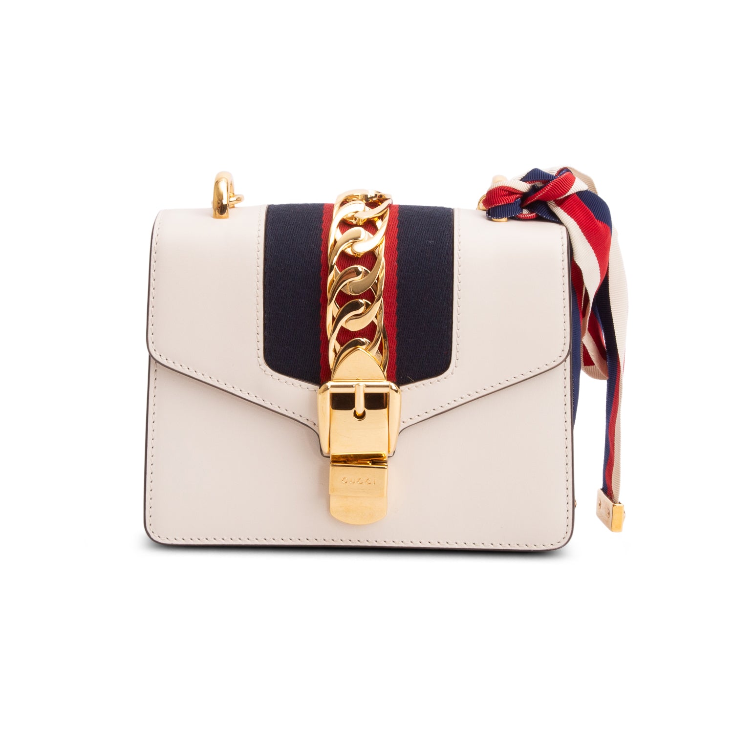 Gucci White Calfskin Leather Web Mini Sylvie Chain Shoulder Bag