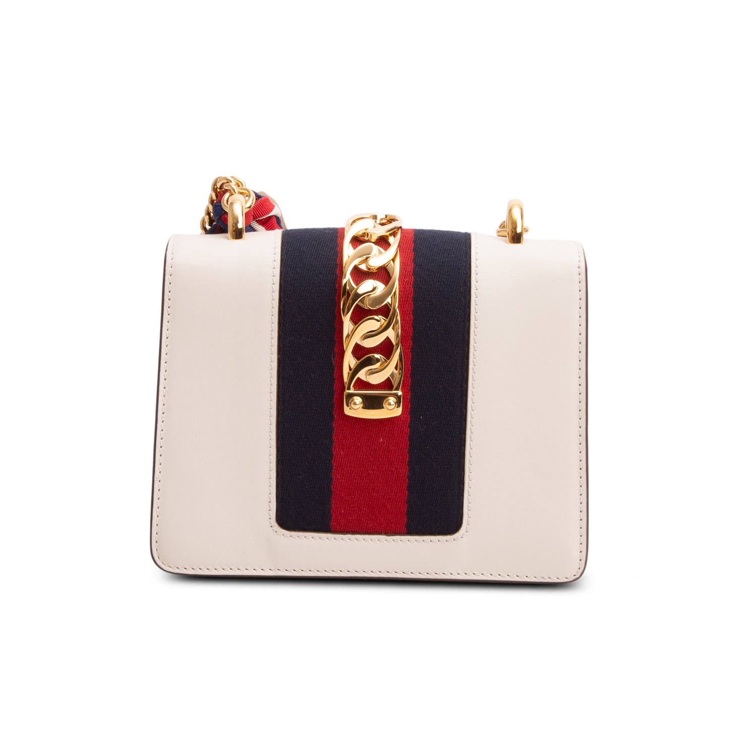 Gucci White Calfskin Leather Web Mini Sylvie Chain Shoulder Bag