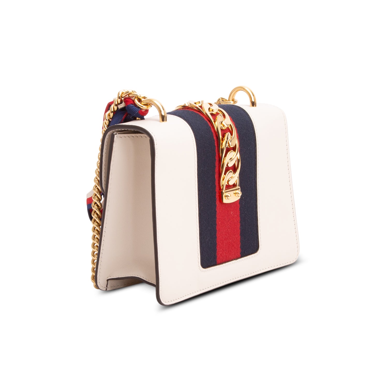 Gucci White Calfskin Leather Web Mini Sylvie Chain Shoulder Bag
