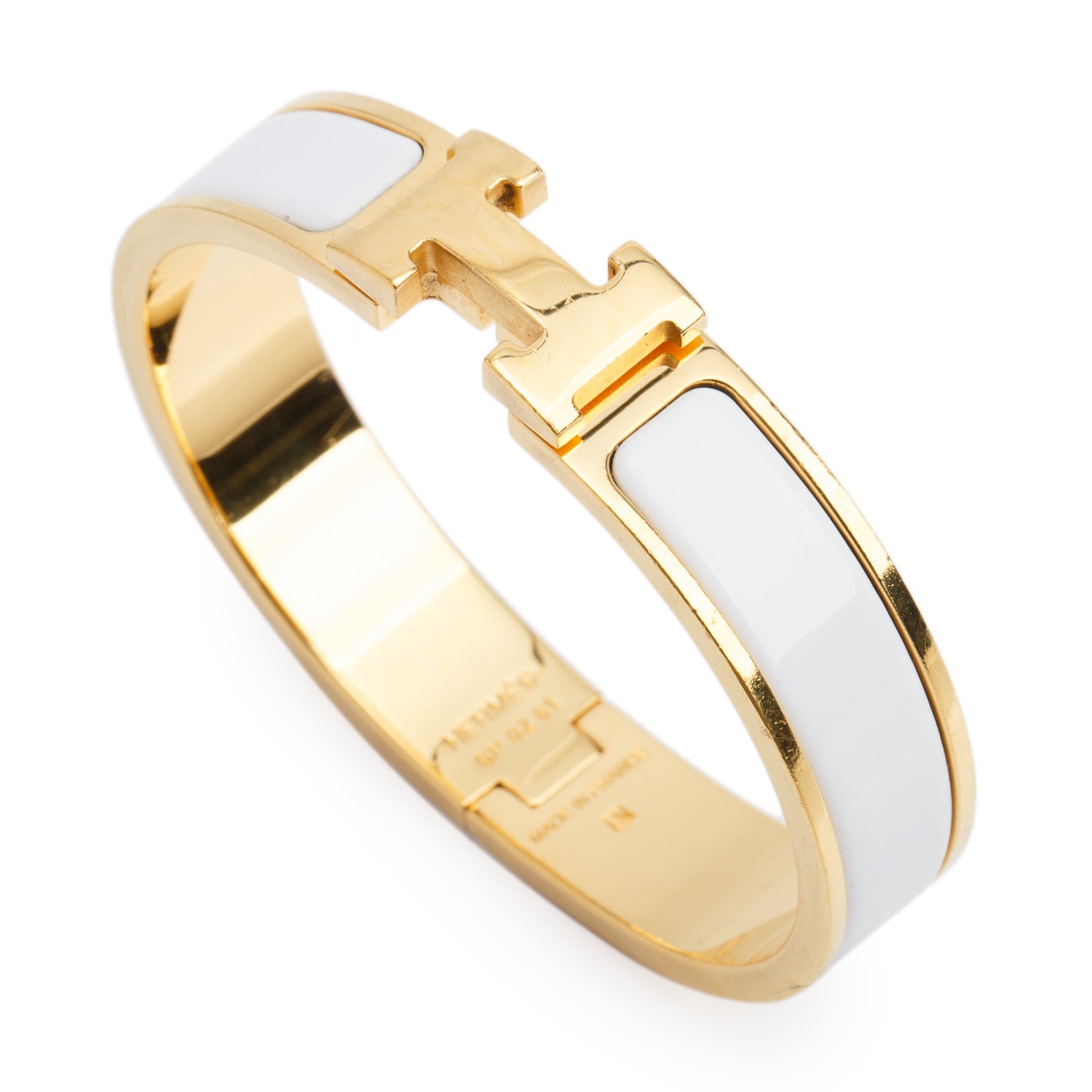 Hermes Gold Plated White Enamel 12 MM Clic H Bracelet w/ Box