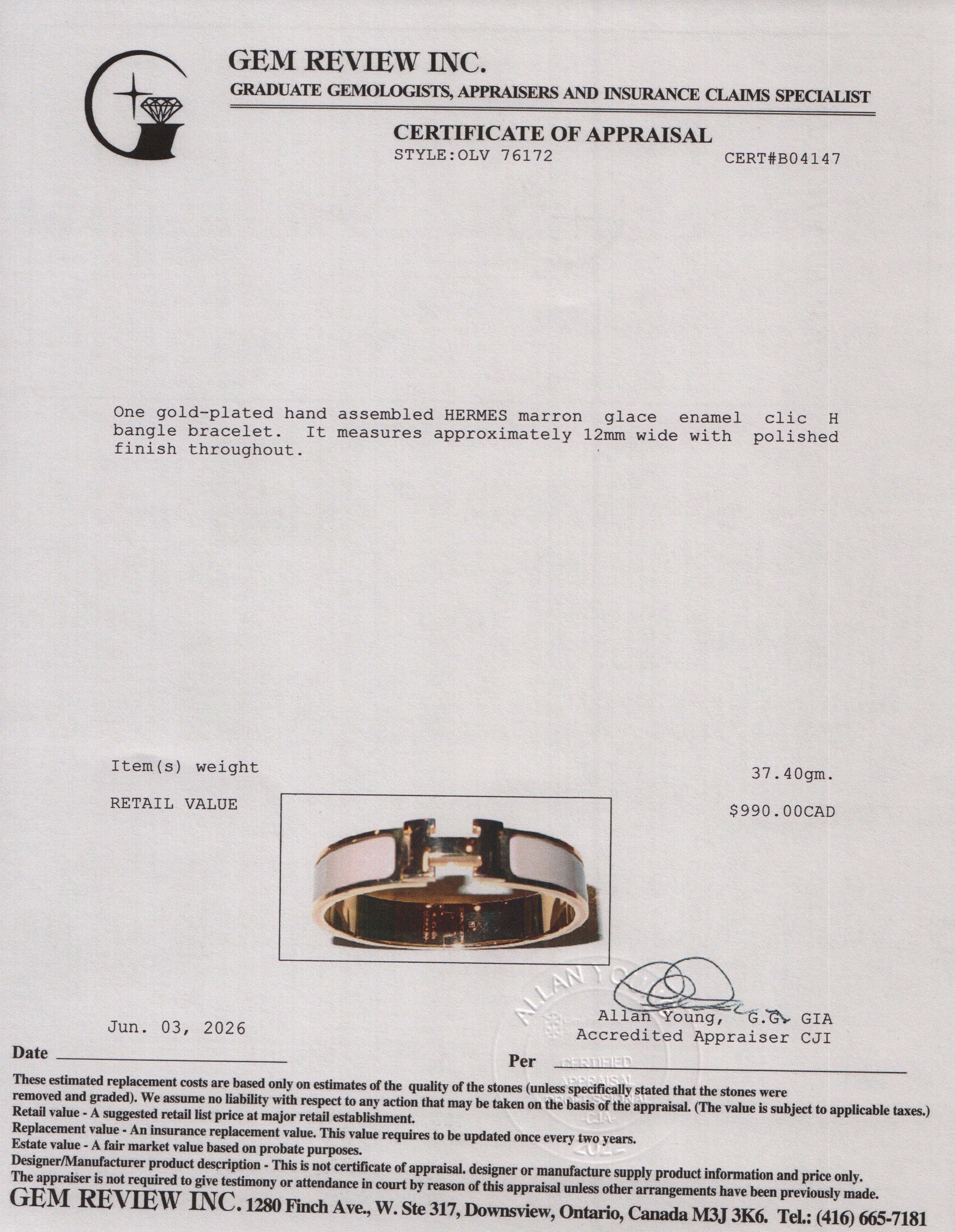 Hermes Gold Plated Marron Glace Enamel 12 MM Clic H Bracelet w/ Box