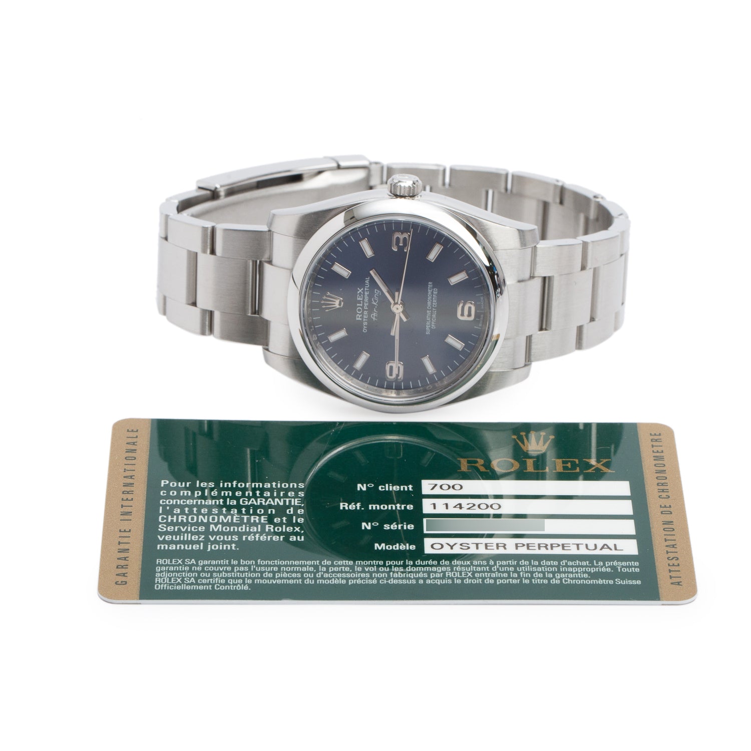 Rolex Stainless Steel Oyster Perpetual Air King 34 MM Automatic Watch Blue Dial 114200 w/ Papers