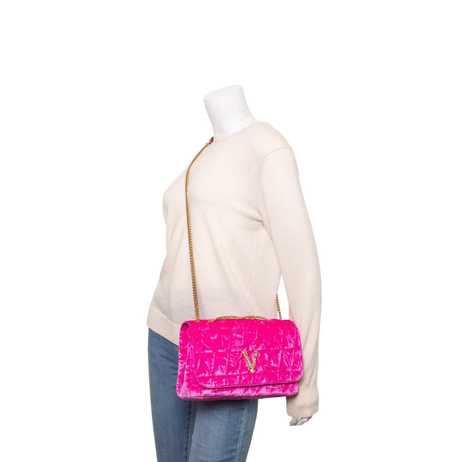 Versace Pink Velvet Quilted Virtus Shoulder Bag w/ Box