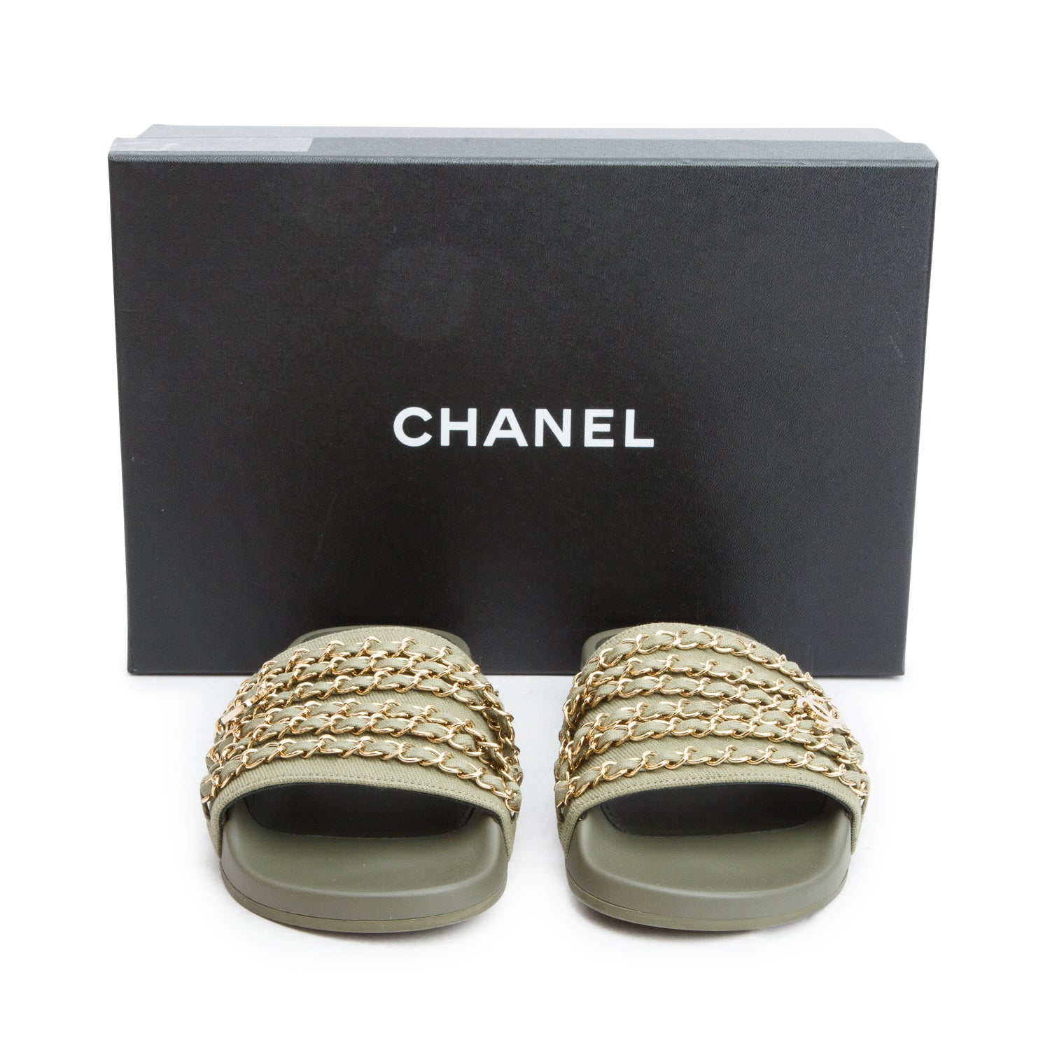 Chanel Green Canvas Chain Flat Sandals, Women's Size 37 w/ Box