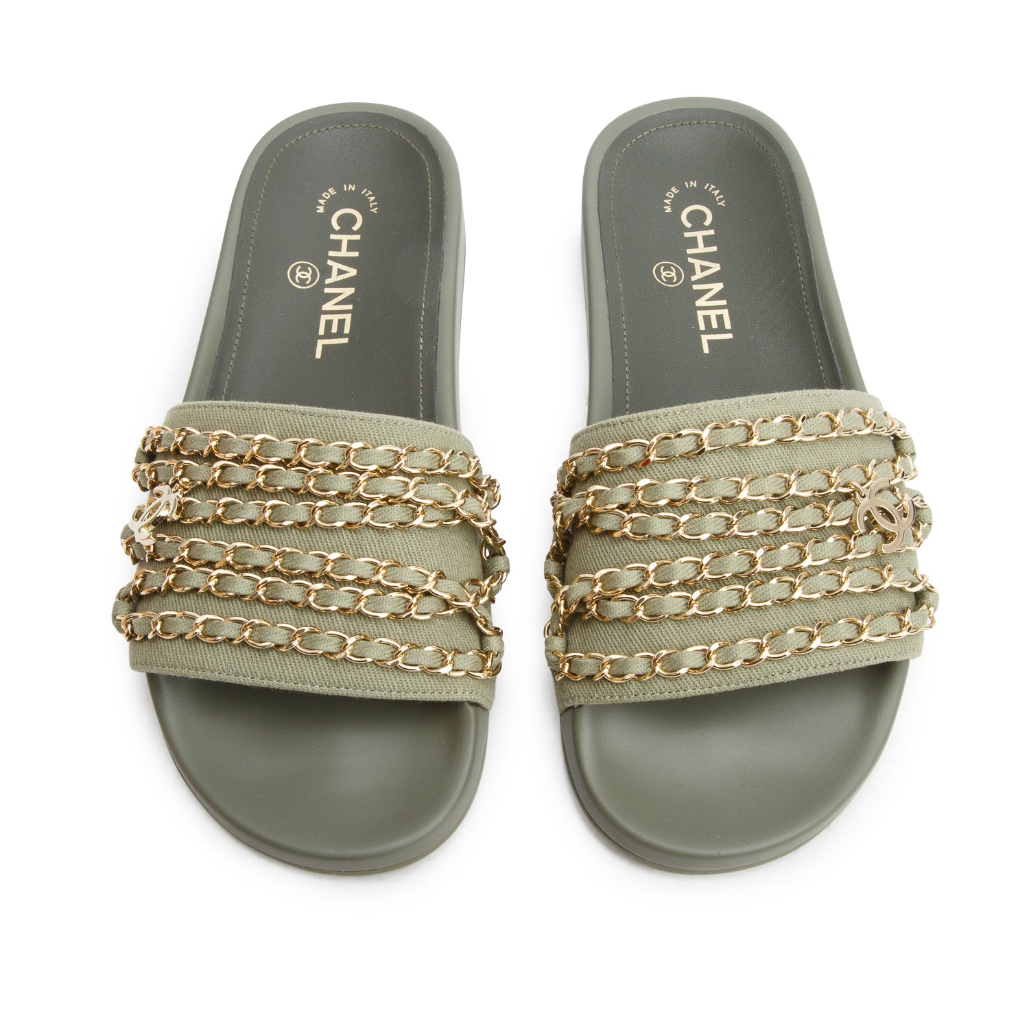 Chanel Green Canvas Chain Flat Sandals, Women's Size 37 w/ Box