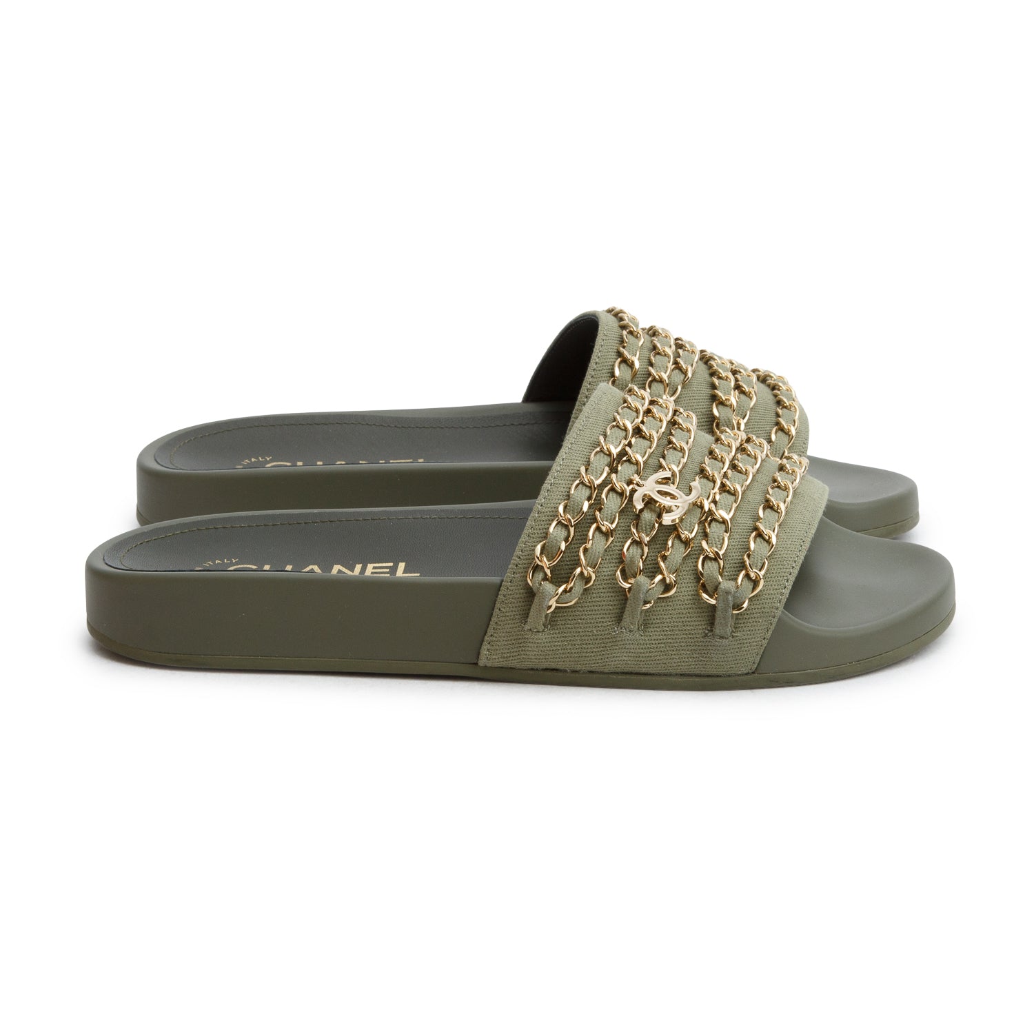 Chanel Green Canvas Chain Flat Sandals, Women's Size 37 w/ Box