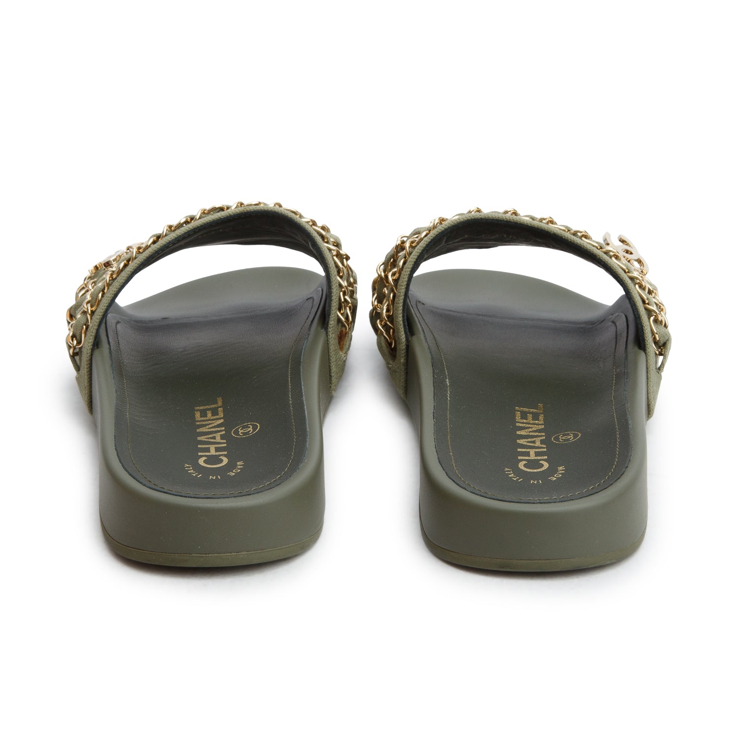 Chanel Green Canvas Chain Flat Sandals, Women's Size 37 w/ Box