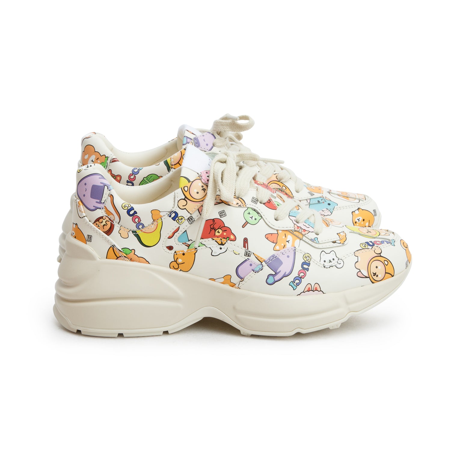 Gucci x Pikakar White Dollar Calfskin Animal Print Rhyton Sneakers, Women's Size 35 w/ Box