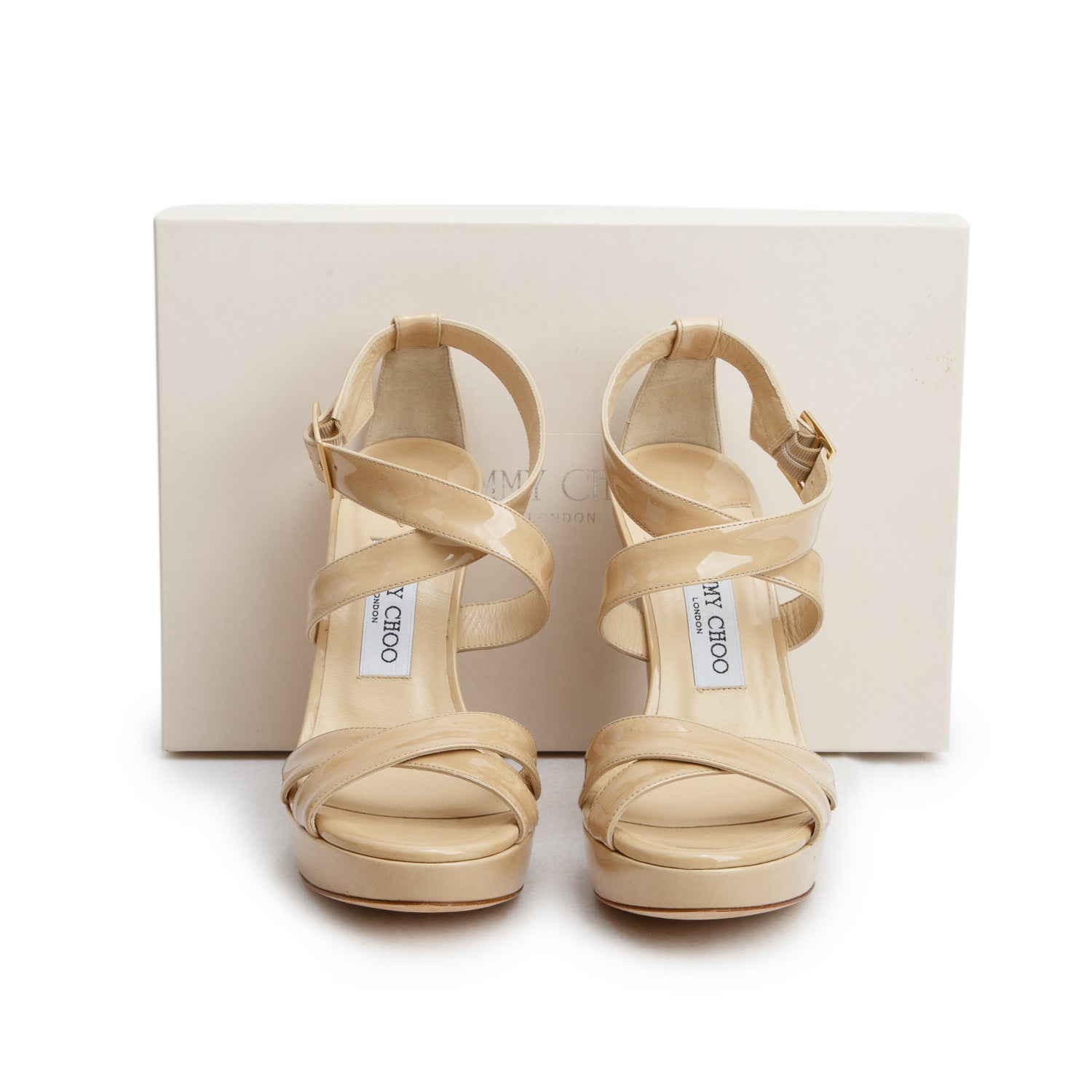 Jimmy Choo Beige Patent Leather Lucia 120 Wedges, Women's Size 38 w/ Box