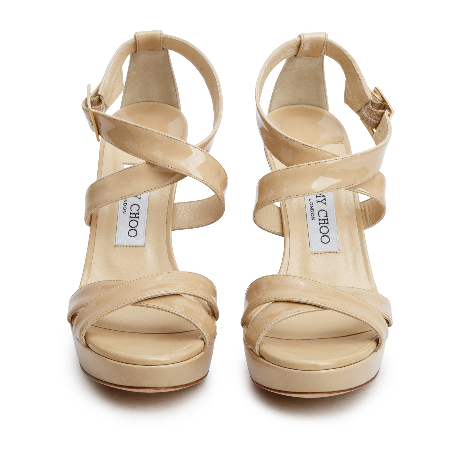 Jimmy Choo Beige Patent Leather Lucia 120 Wedges, Women's Size 38 w/ Box