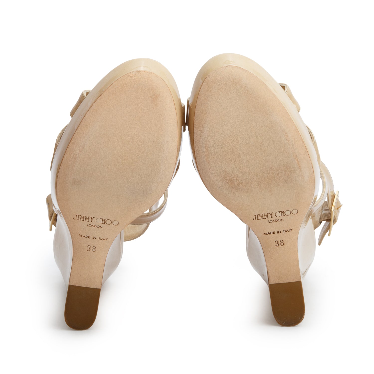 Jimmy Choo Beige Patent Leather Lucia 120 Wedges, Women's Size 38 w/ Box