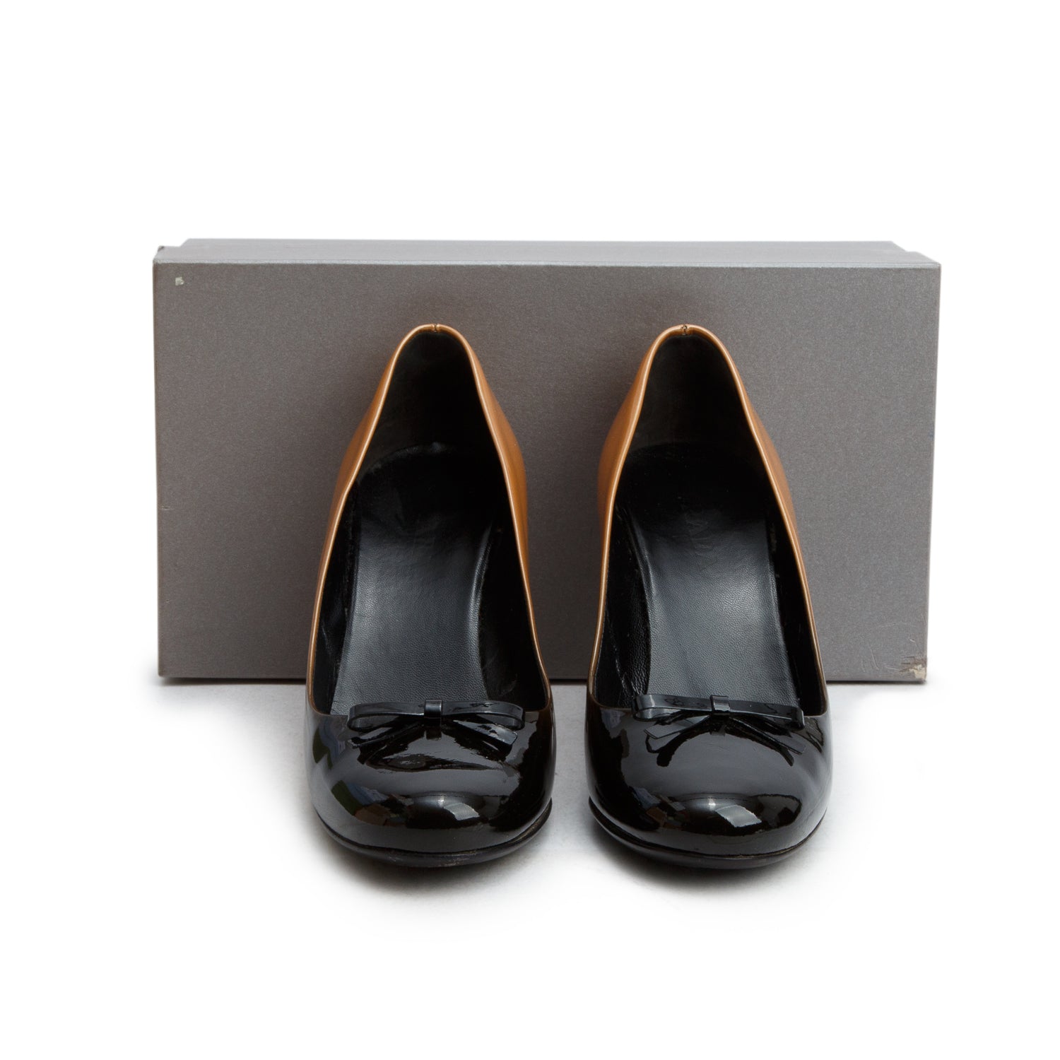 Prada Black Brown Ombre Patent Leather Bow Heels, Women's Size 37.5 w/ Box