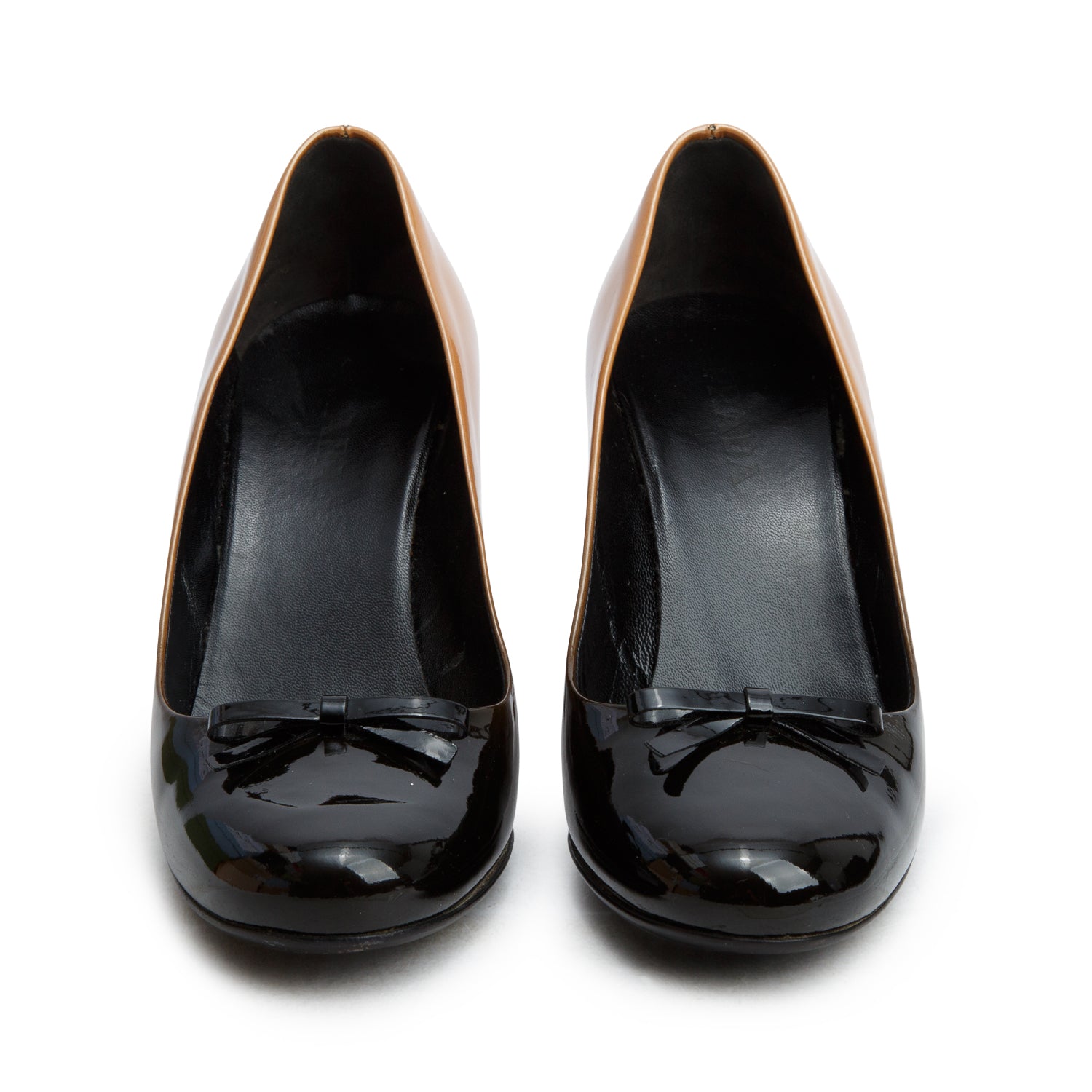 Prada Black Brown Ombre Patent Leather Bow Heels, Women's Size 37.5 w/ Box