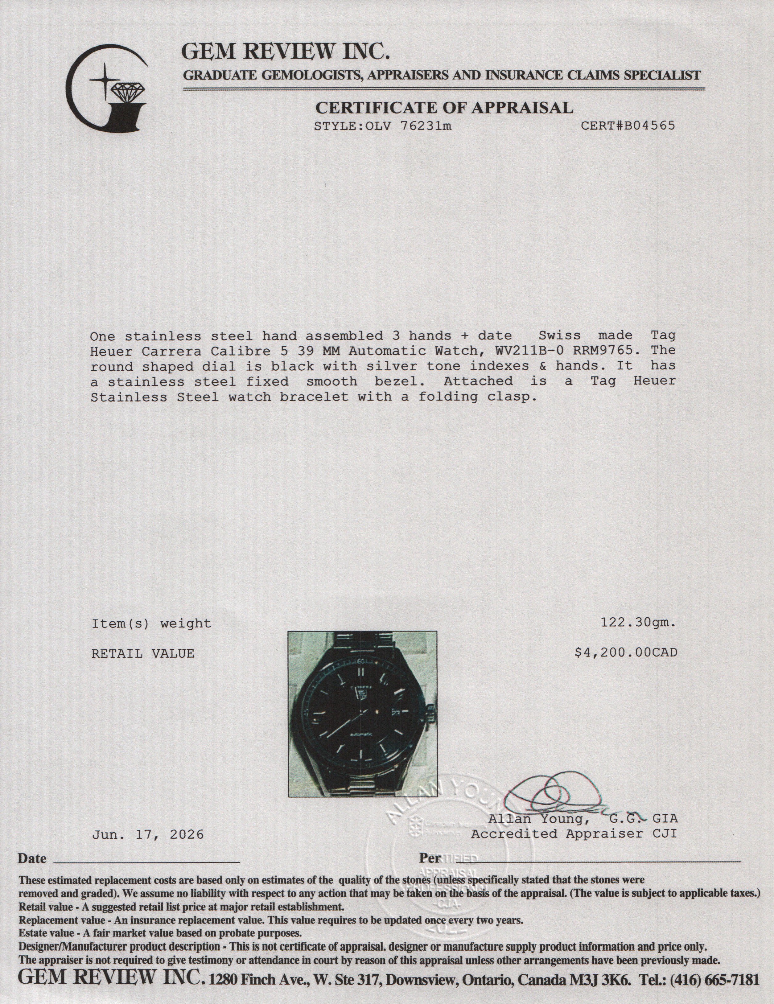 Tag Heuer Stainless Steel Carrera Calibre 5 39 MM Automatic Watch Black Dial WV211B-0