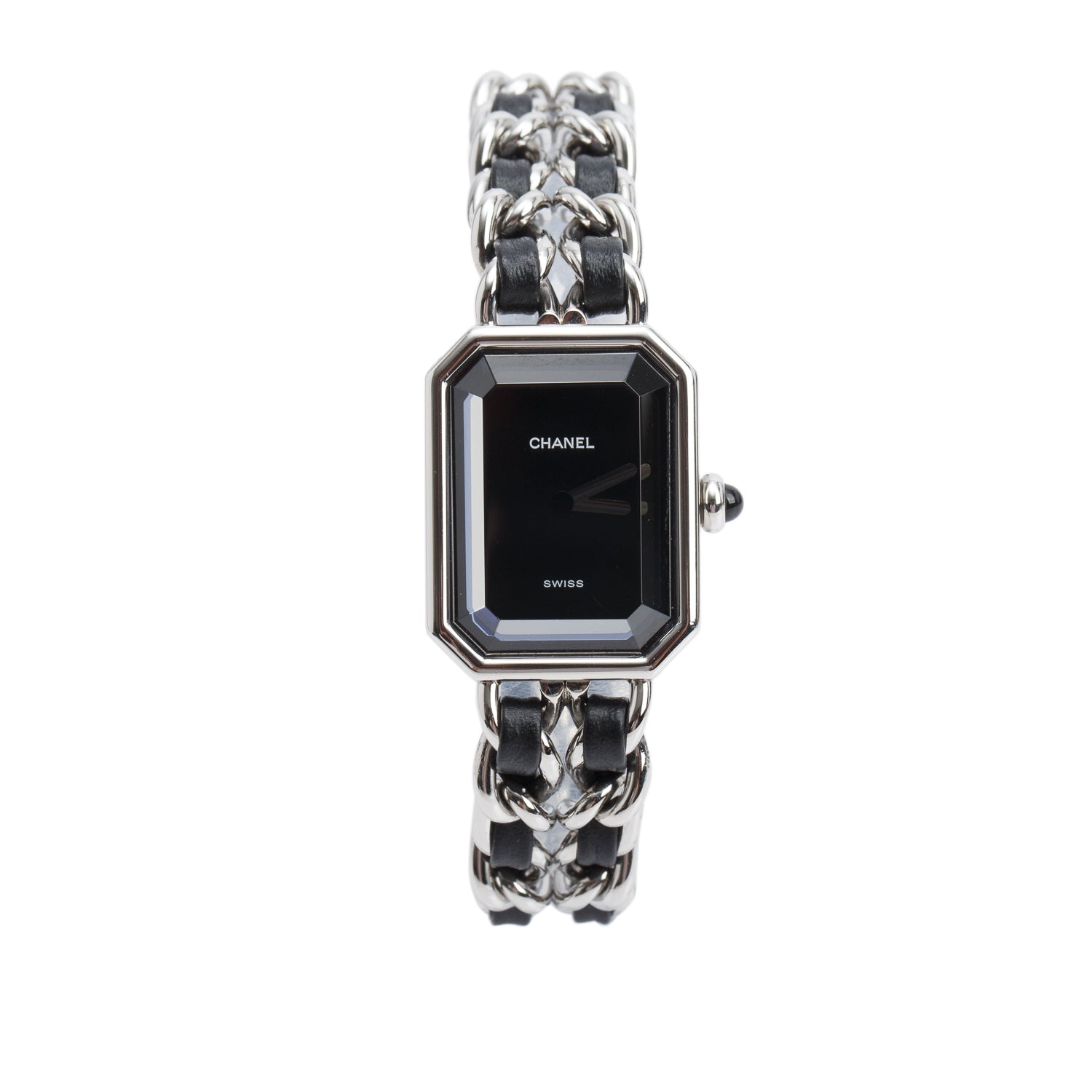 Chanel Stainless Steel & Black Leather Premiere Iconic Chain Watch Black Dial H7022 w/ Case & Papers