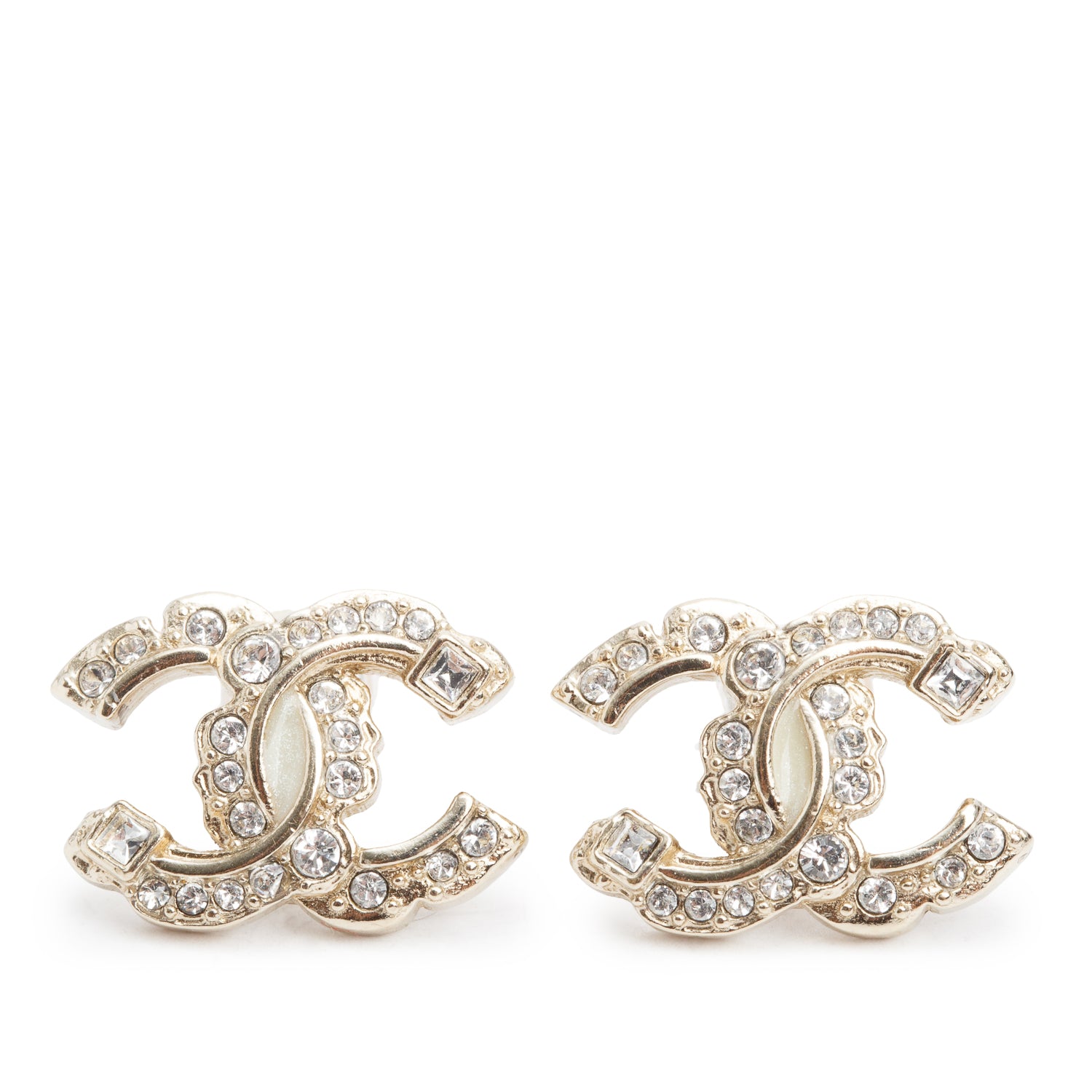 Chanel Gold Plated Strass CC Stud Earrings w/ Box