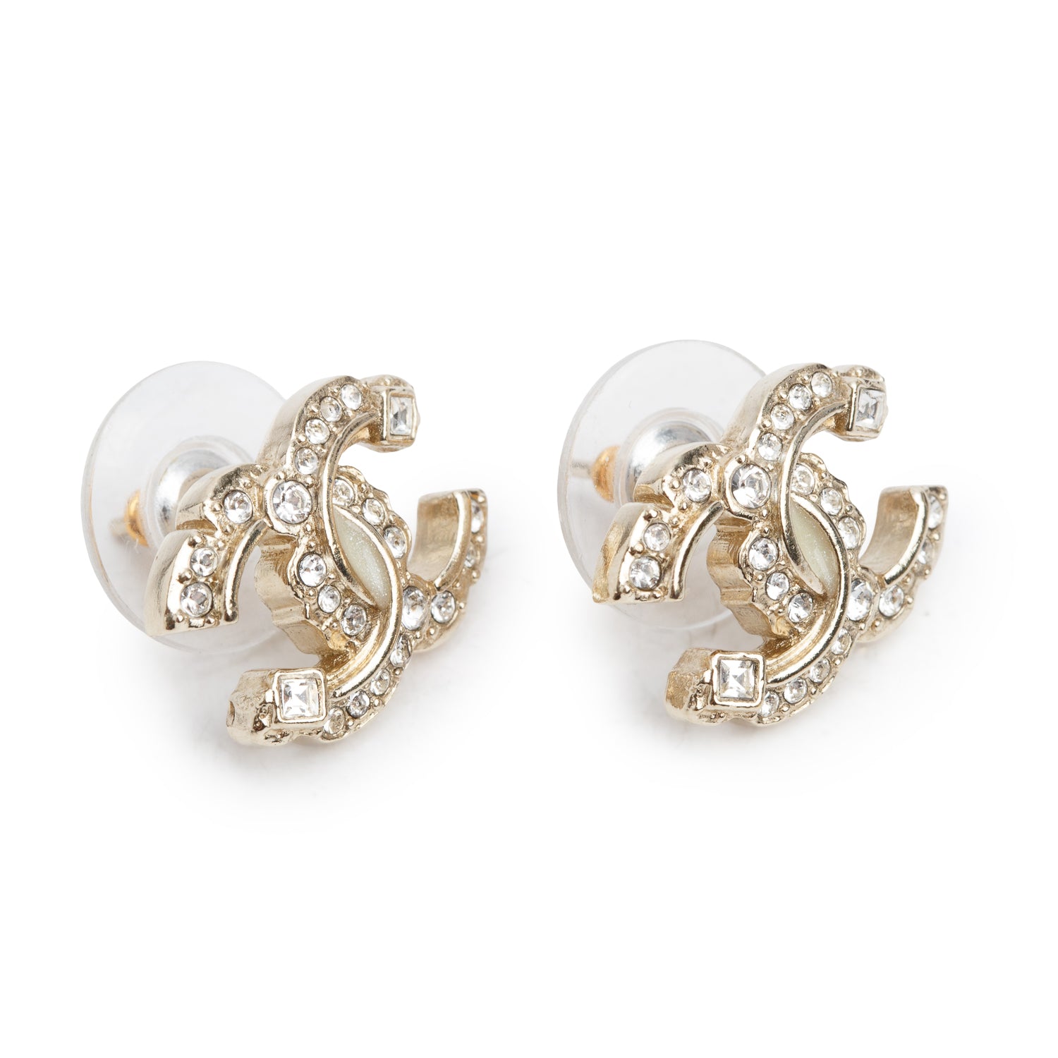 Chanel Gold Plated Strass CC Stud Earrings w/ Box