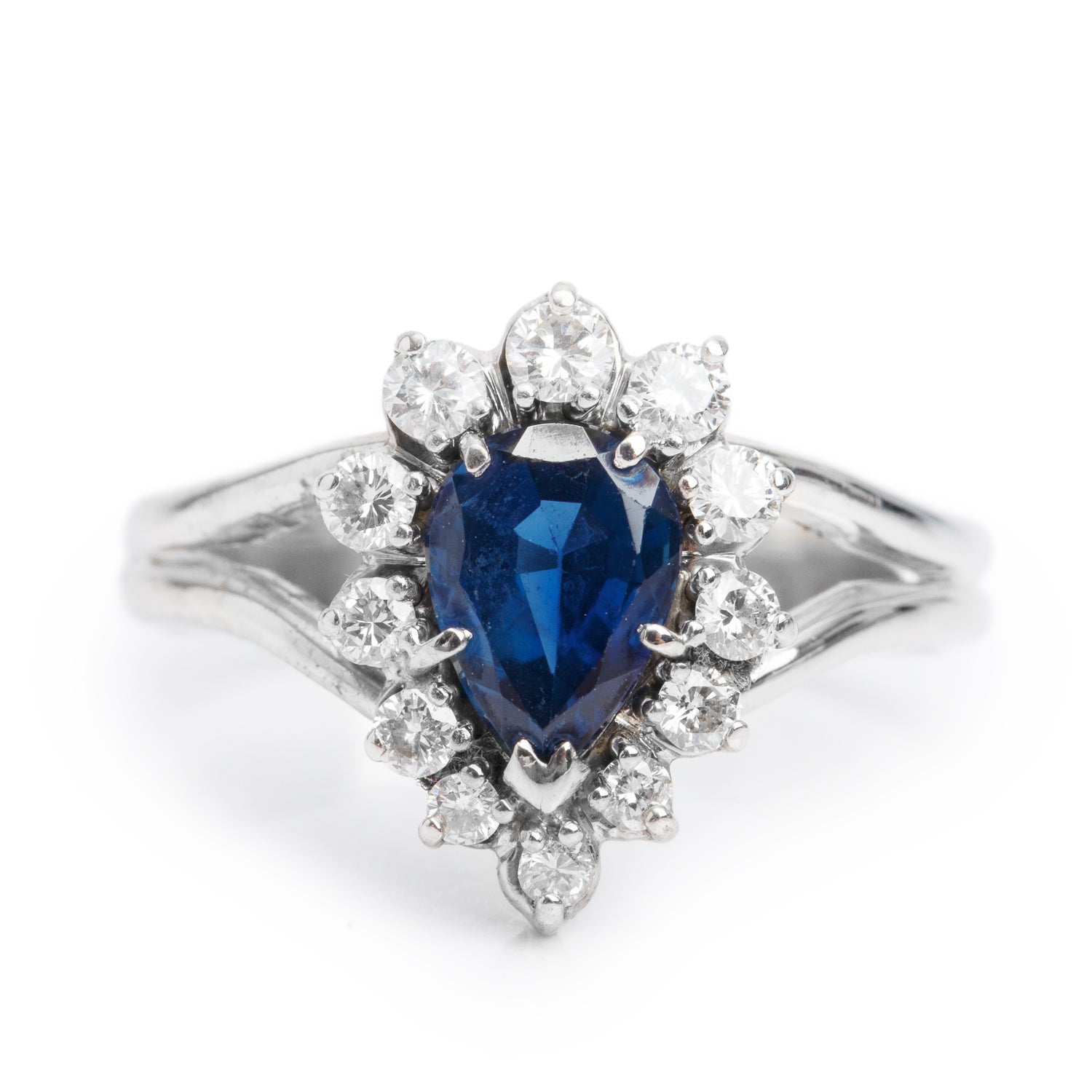 14k White Gold Blue Sapphire & Diamond Cocktail Ring, Size 7