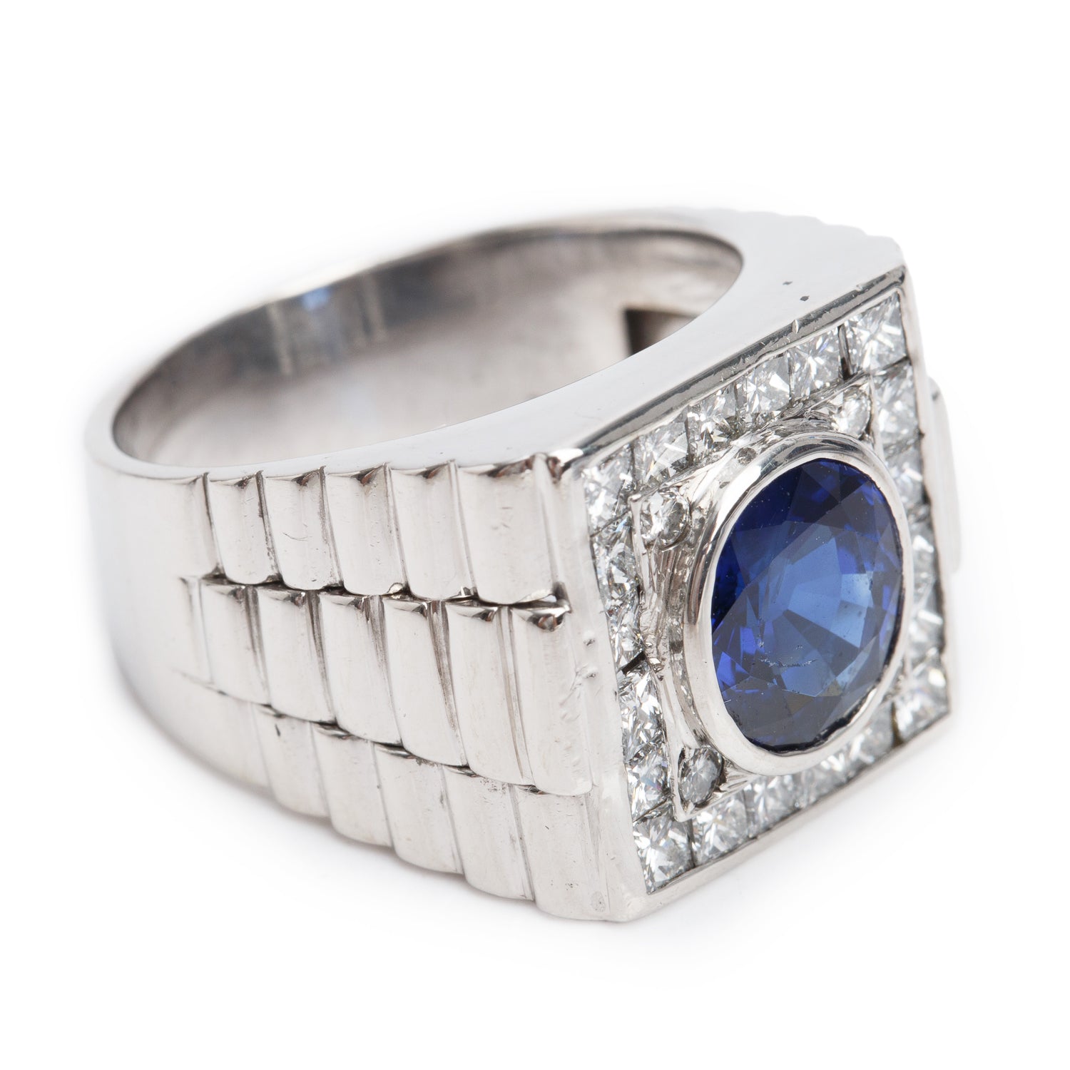 Gents 14k White Gold Blue Sapphire and Diamond Ring, Size 10