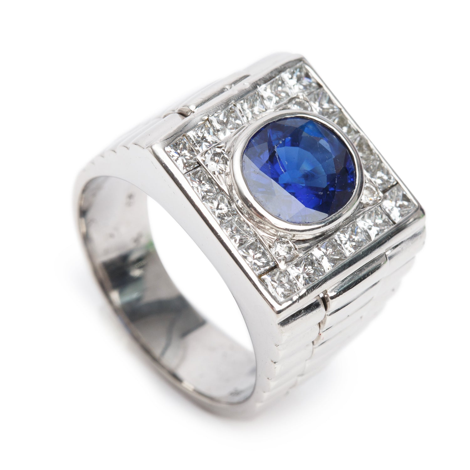 Gents 14k White Gold Blue Sapphire and Diamond Ring, Size 10